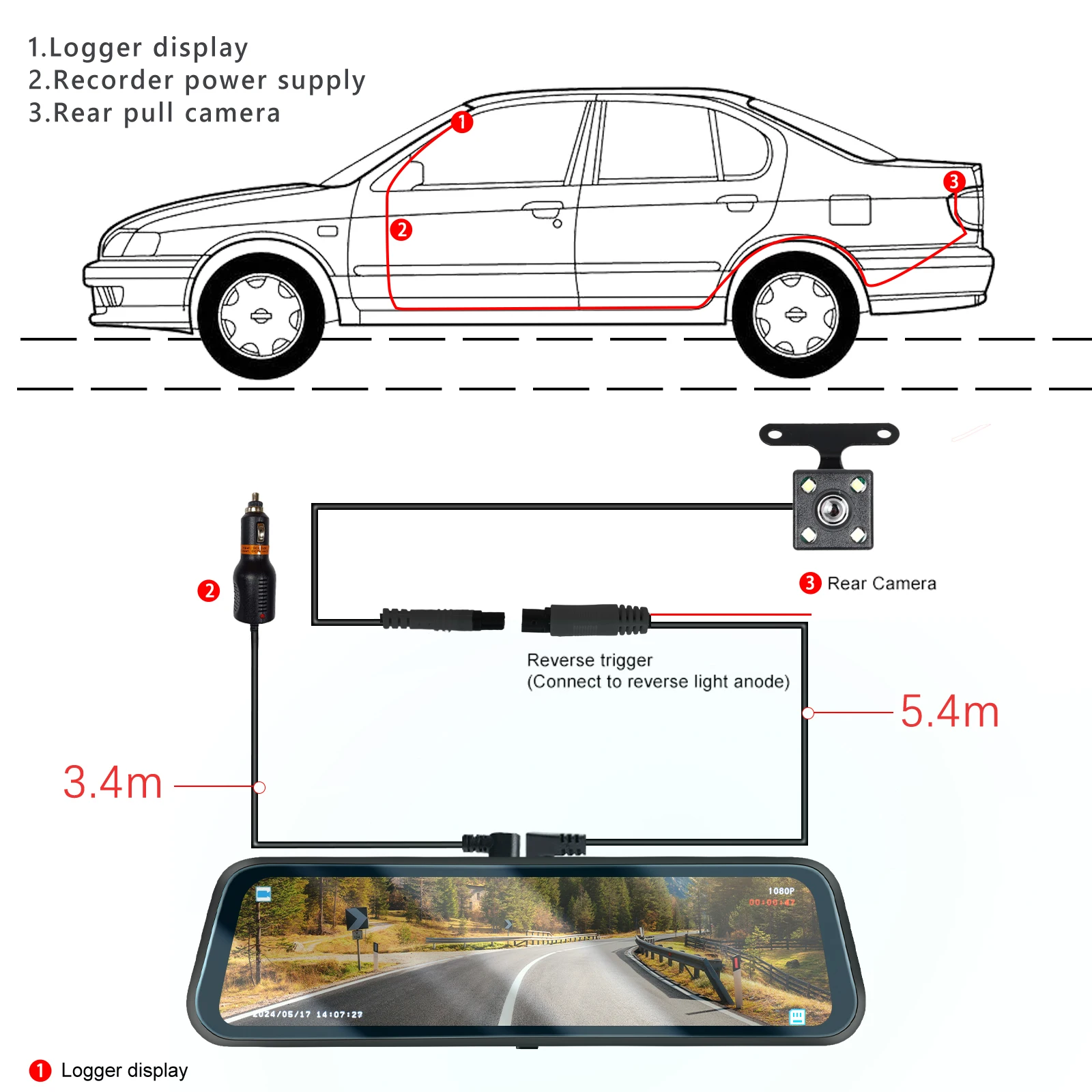 Podofo Car DVR Recorder Parking Mirror Monitor 9.66 Inch 1080P HD Dual Lens Automobile Dash Cam 24-Hour Parking Monitor