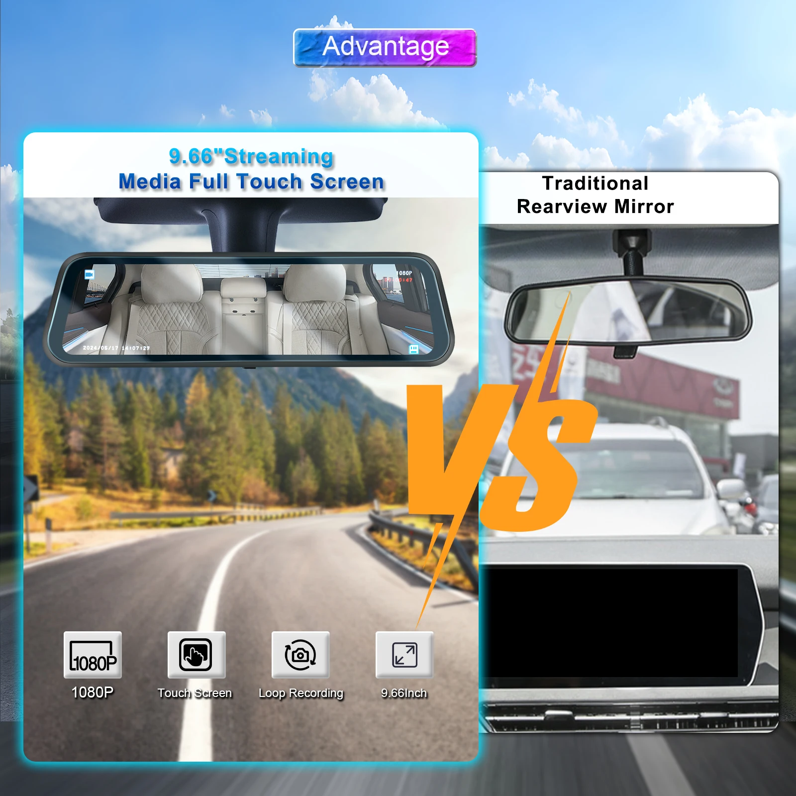 Podofo Car DVR Recorder Parking Mirror Monitor 9.66 Inch 1080P HD Dual Lens Automobile Dash Cam 24-Hour Parking Monitor