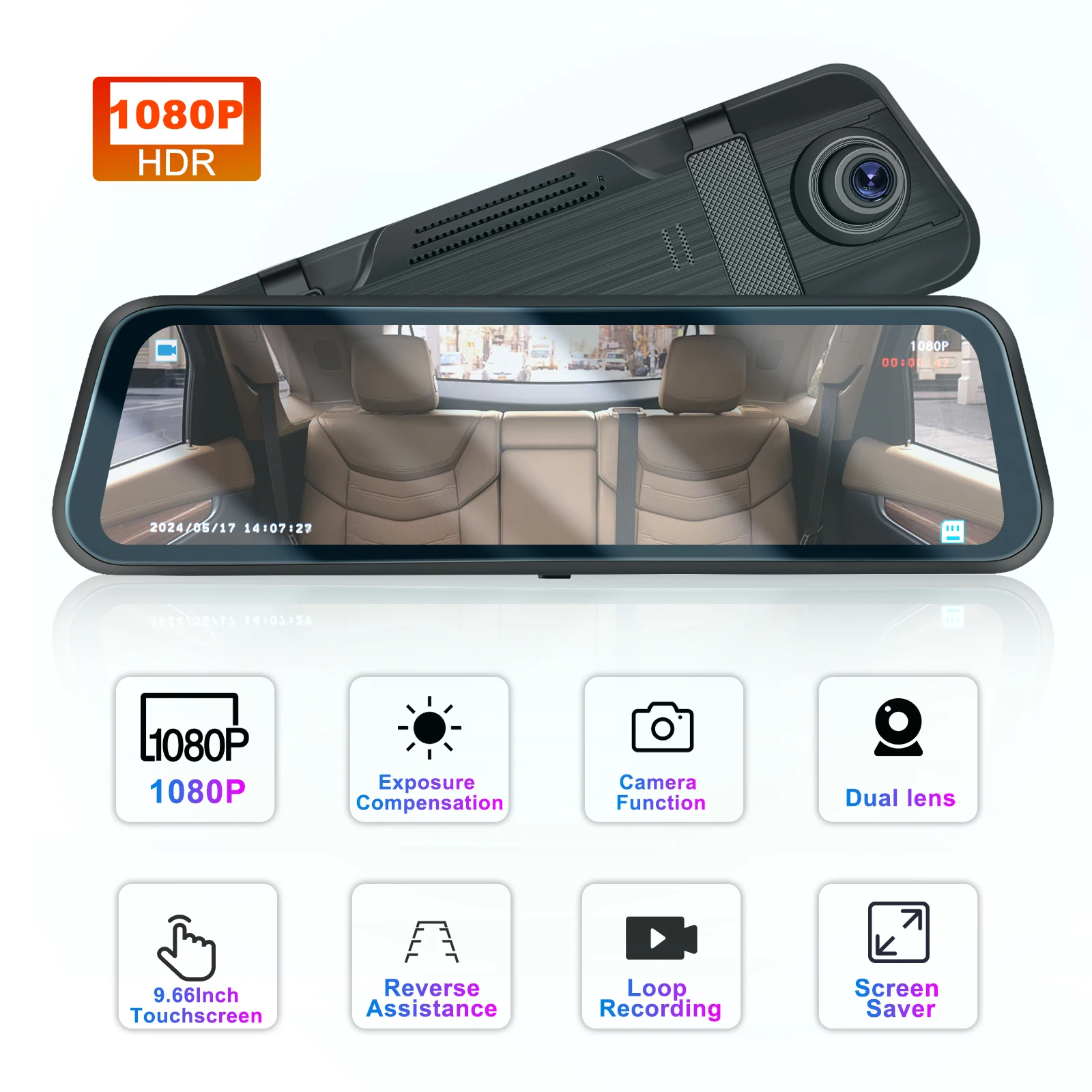 Podofo Car DVR Recorder Parking Mirror Monitor 9.66 Inch 1080P HD Dual Lens Automobile Dash Cam 24-Hour Parking Monitor