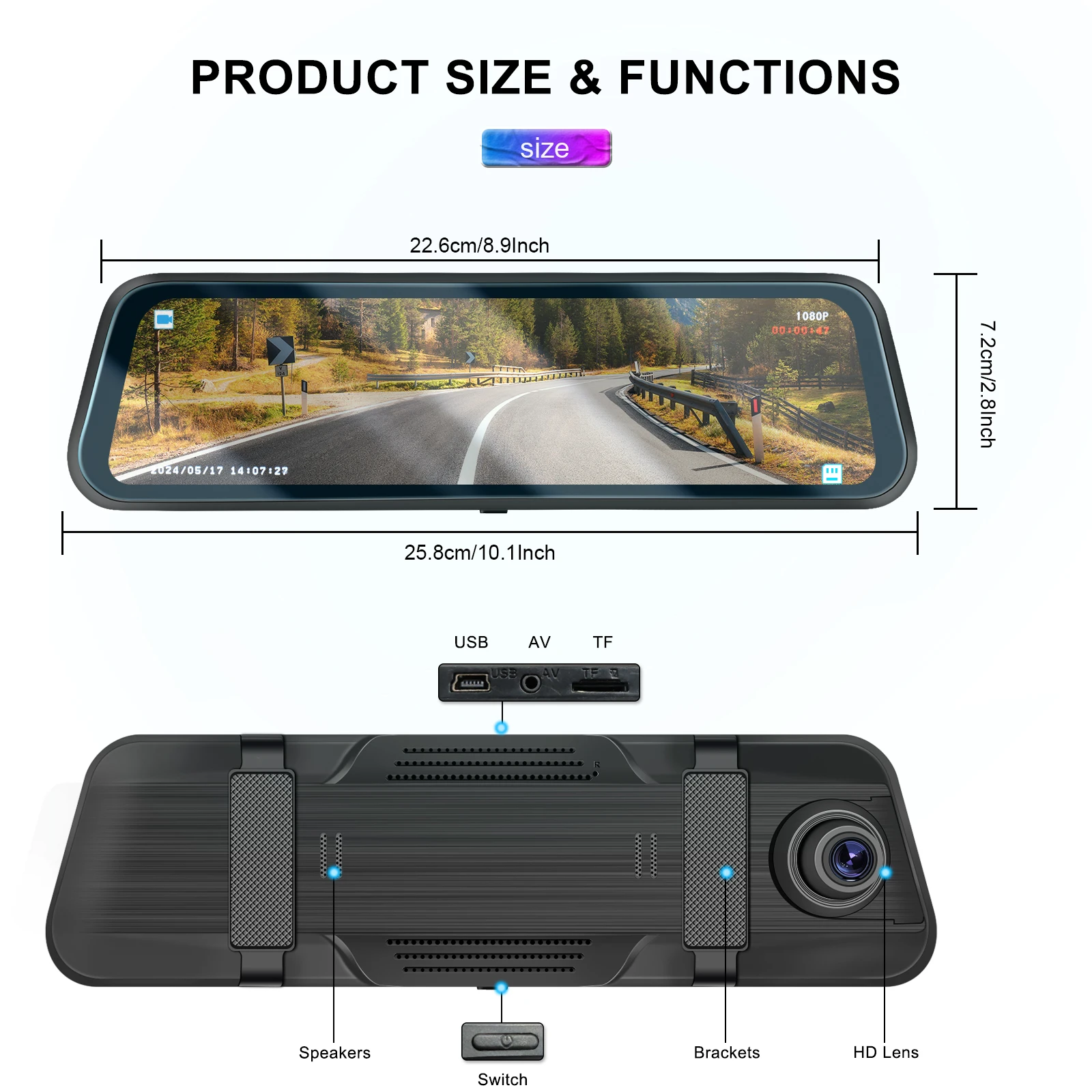 Podofo Car DVR Recorder Parking Mirror Monitor 9.66 Inch 1080P HD Dual Lens Automobile Dash Cam 24-Hour Parking Monitor