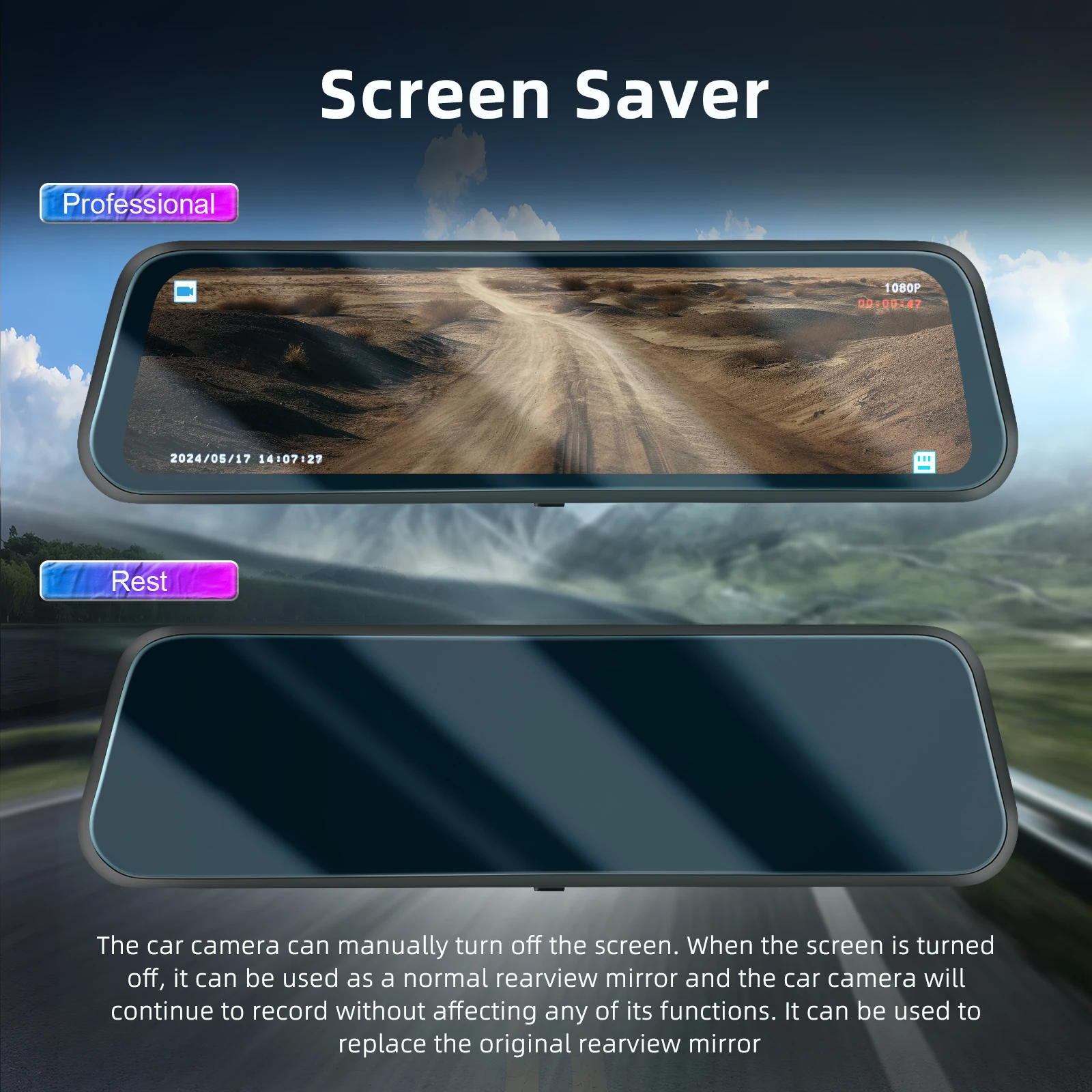 Podofo Car DVR Recorder Parking Mirror Monitor 9.66 Inch 1080P HD Dual Lens Automobile Dash Cam 24-Hour Parking Monitor