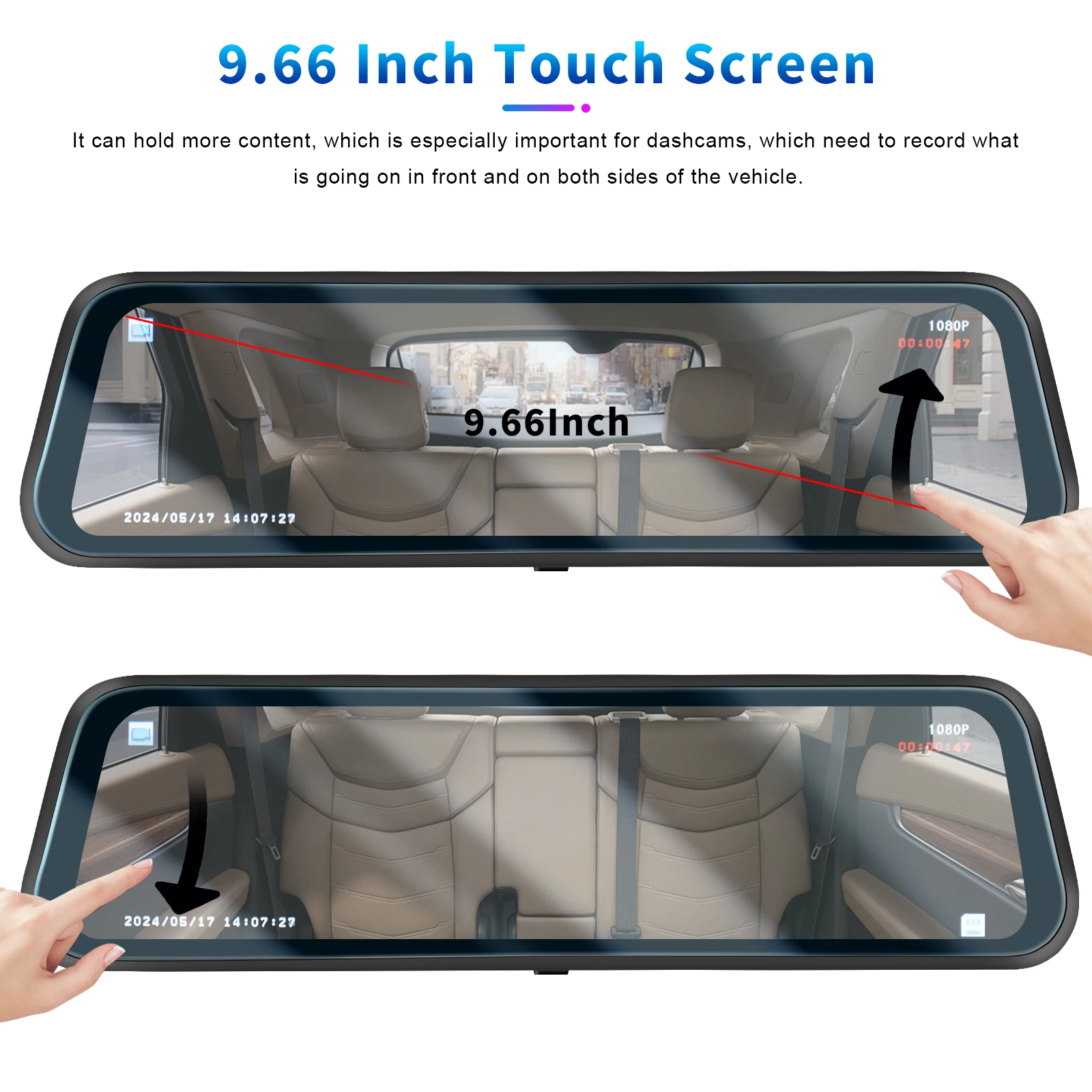 Podofo Car DVR Recorder Parking Mirror Monitor 9.66 Inch 1080P HD Dual Lens Automobile Dash Cam 24-Hour Parking Monitor