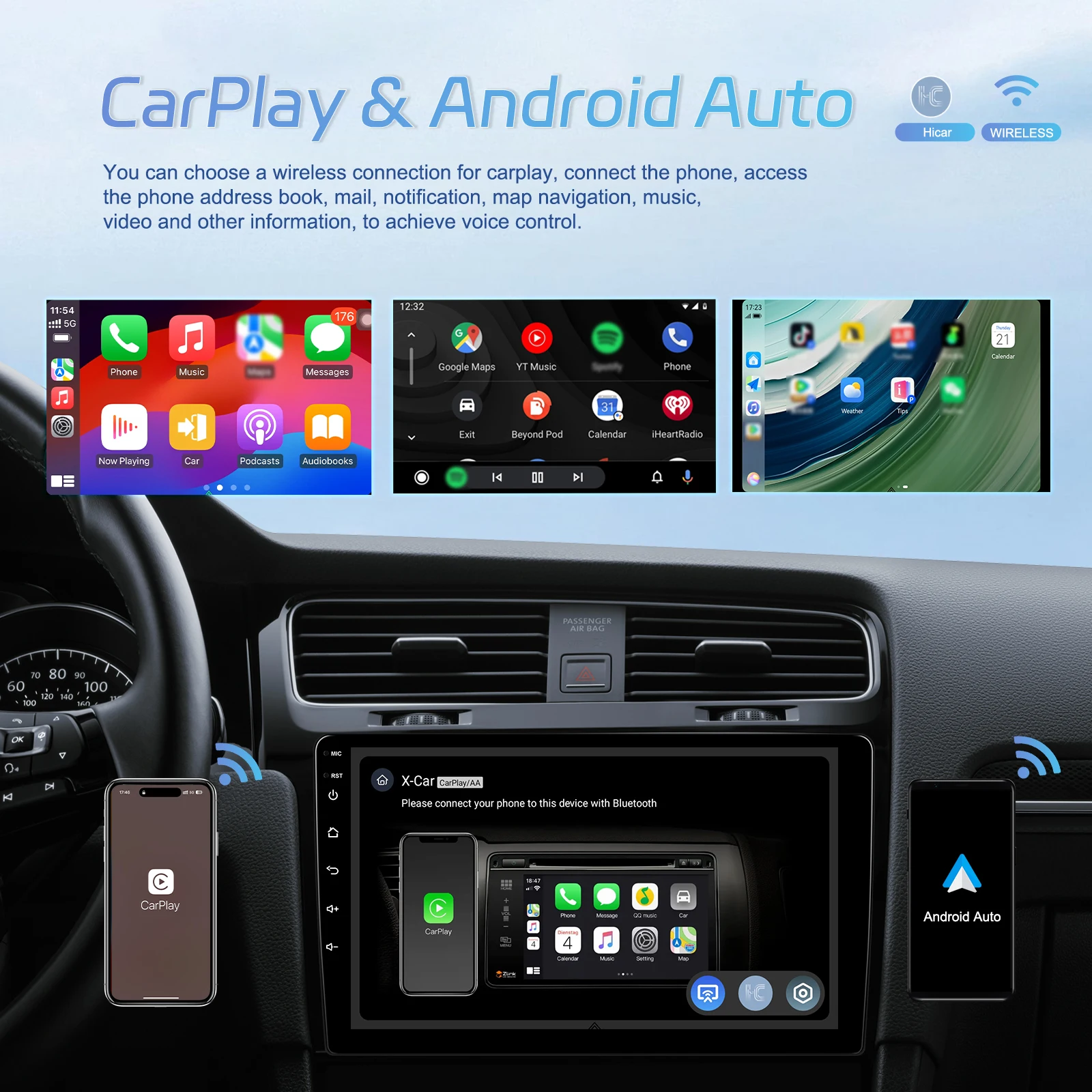 Podofo 4+64GB Wireless Carplay Android Auto Car Stereo Radio 8 Core Car Multimedia Player Mirror Link 9 Inch GPS BT FM RDS