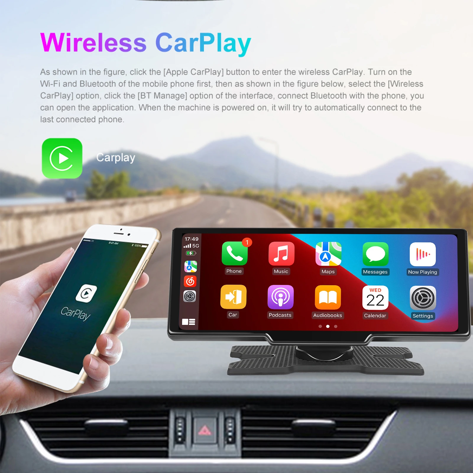 Podofo Universal 10.26" Portable Smart Player Wireless Carplay Android Auto Car Stereo Digital Dashboard With Foward Camera BT