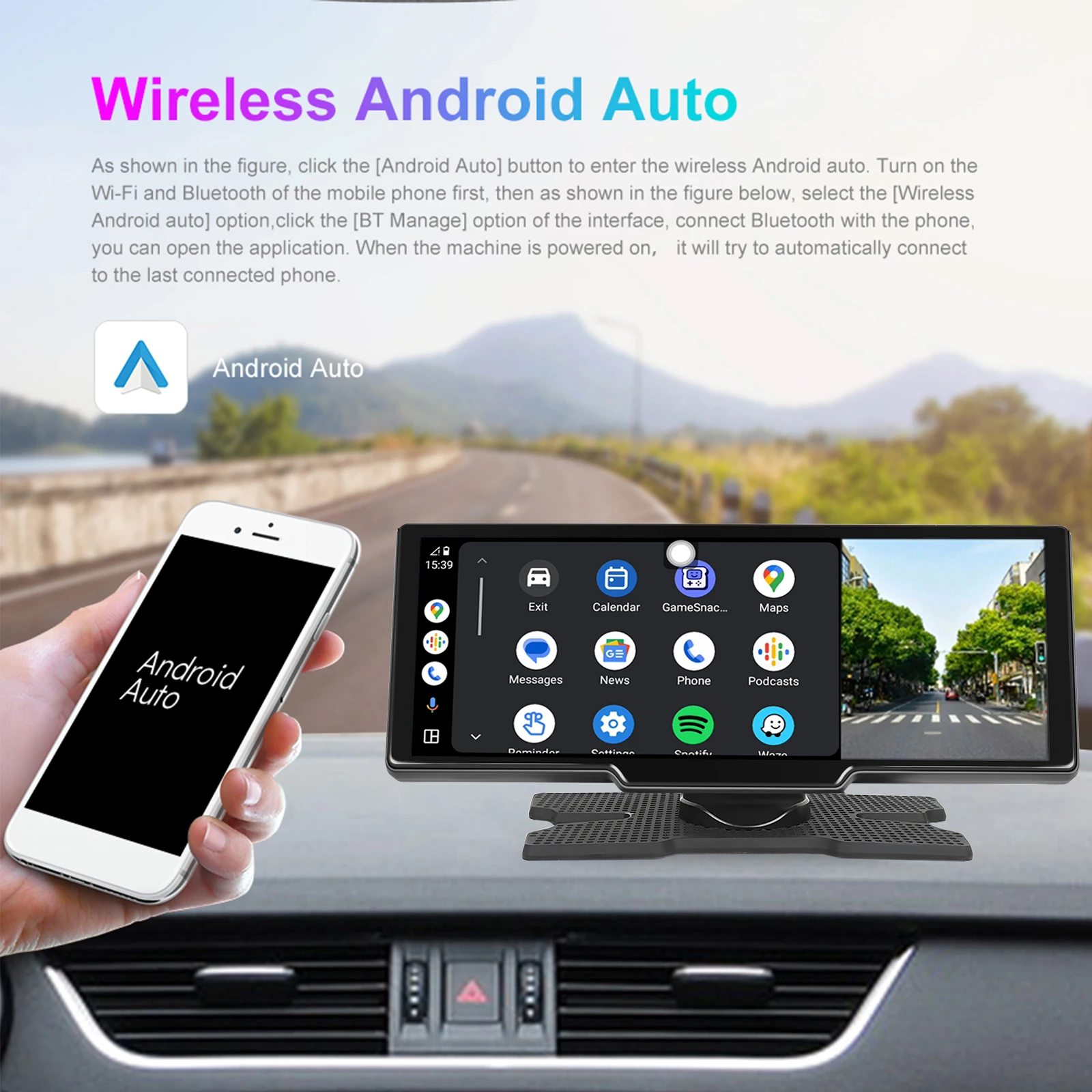 Podofo Universal 10.26" Portable Smart Player Wireless Carplay Android Auto Car Stereo Digital Dashboard With Foward Camera BT