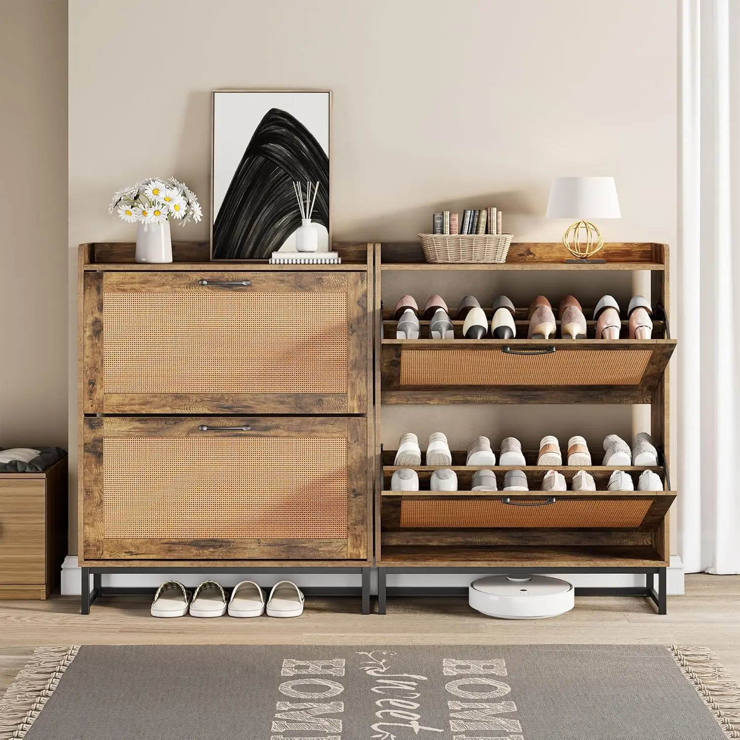 Shoe Rack With 2 Flip-up Drawers Slim Wooden Freestanding Shoe Rack Suitable For Entryways, Hallways and Living Rooms
