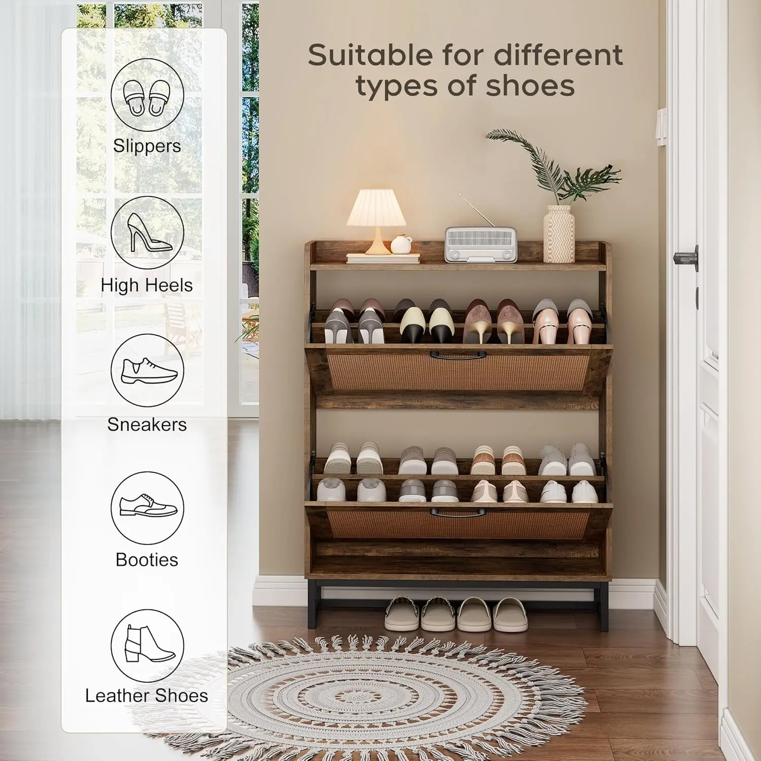 Shoe Rack With 2 Flip-up Drawers Slim Wooden Freestanding Shoe Rack Suitable For Entryways, Hallways and Living Rooms