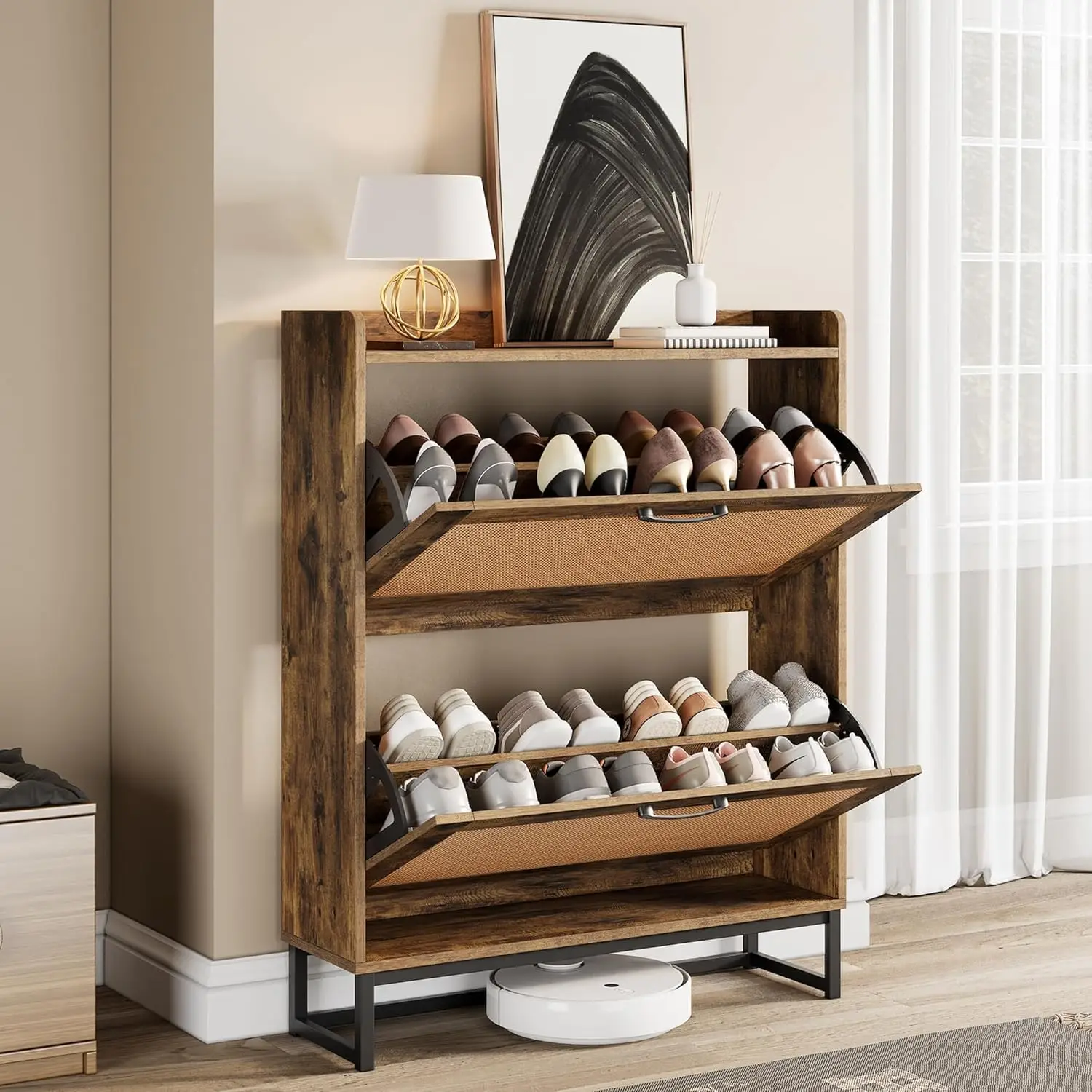 Shoe Rack With 2 Flip-up Drawers Slim Wooden Freestanding Shoe Rack Suitable For Entryways, Hallways and Living Rooms