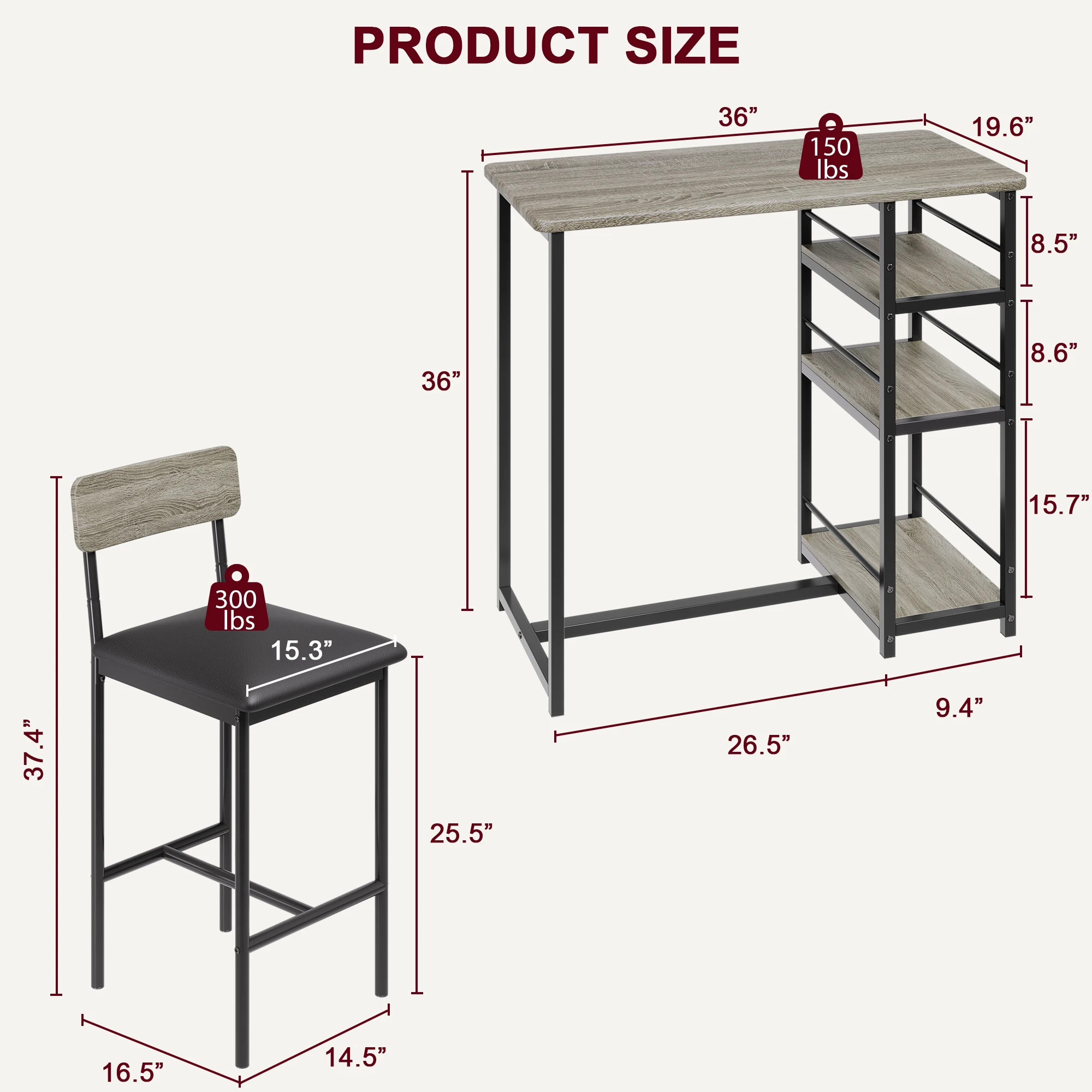 Kitchen Table and Chairs for 2 with Counter Height Table & 2 Upholstered Bar Stools, 3 Piece Dining Table Set with Footrest