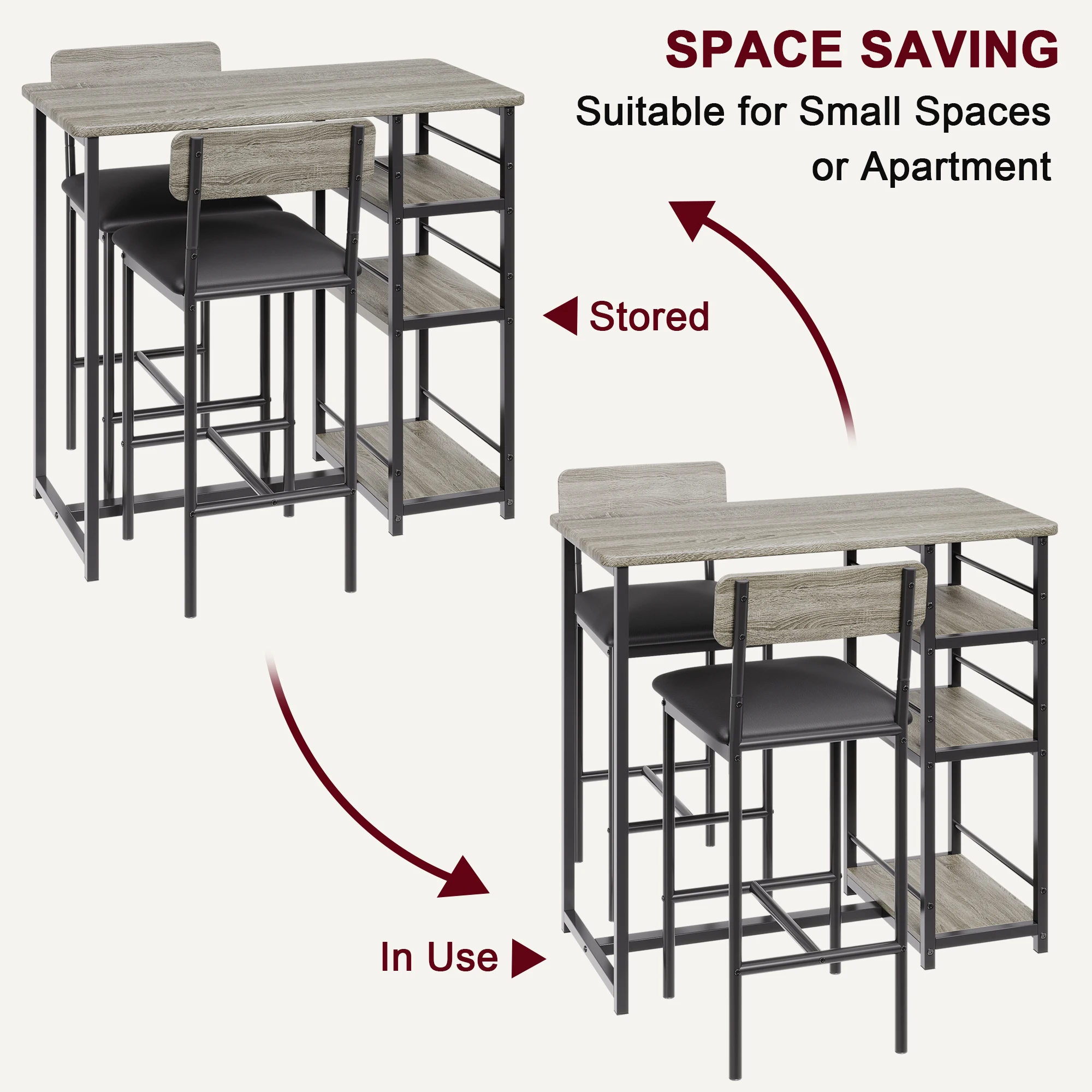 Kitchen Table and Chairs for 2 with Counter Height Table & 2 Upholstered Bar Stools, 3 Piece Dining Table Set with Footrest