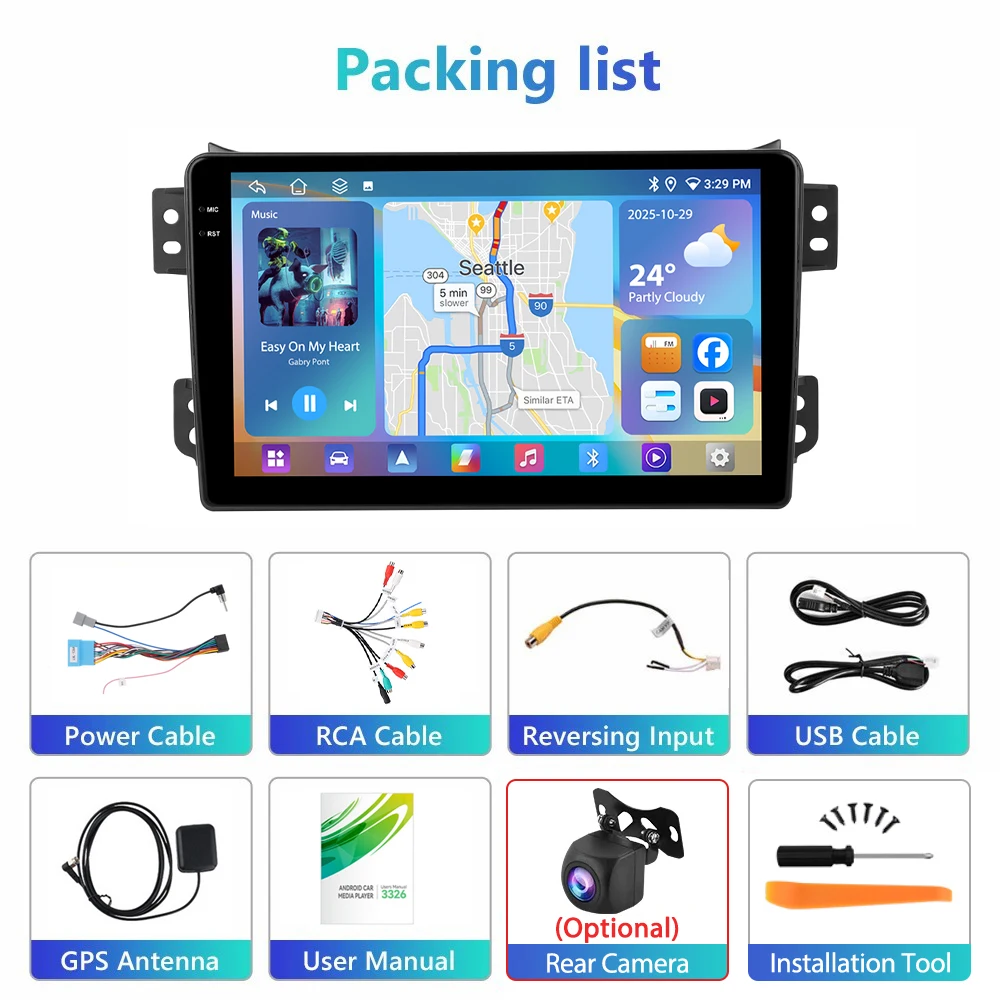 Podofo 4GB+64GB Car Radio Wireless Carplay Android Auto Multimedia Video Player Mirror Link 9 Inch FOR SUZUKI Splash/RITZ 2008