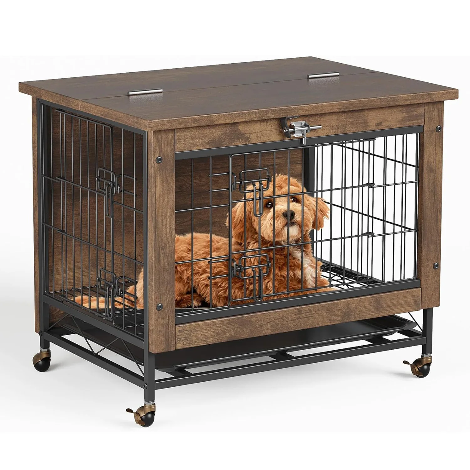 Dog Crate Furniture with Wheels, Side End Table, Dog Cage with 2 Doors & Tray, Lockable Pet Crate for Small/Medium Dogs