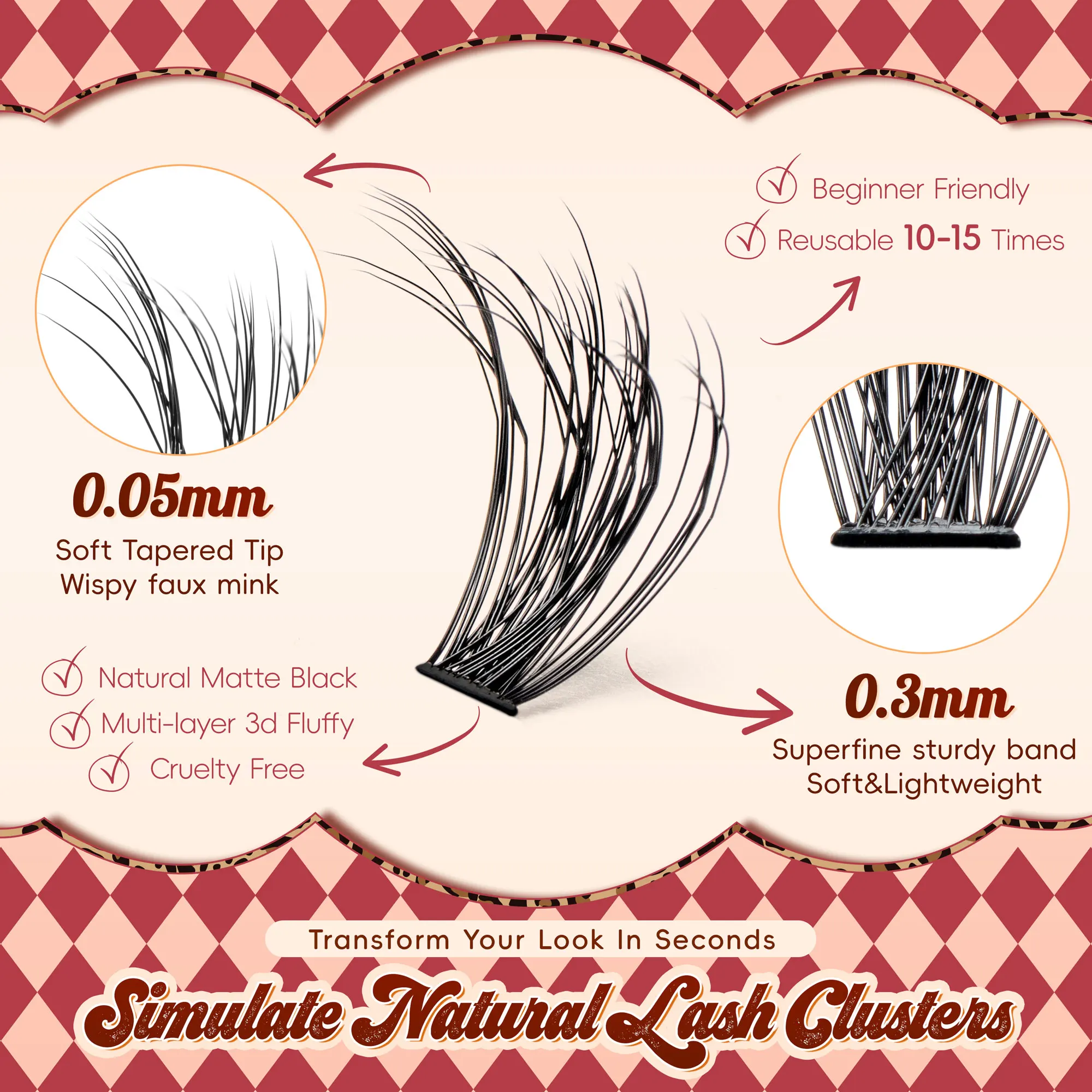 VYRILA Cluster Lashes Fluffy Soft And Easy String False Eyelashes 0.1mm Ultra-thin Band Natural Eyelash Extension Bundle Makeup