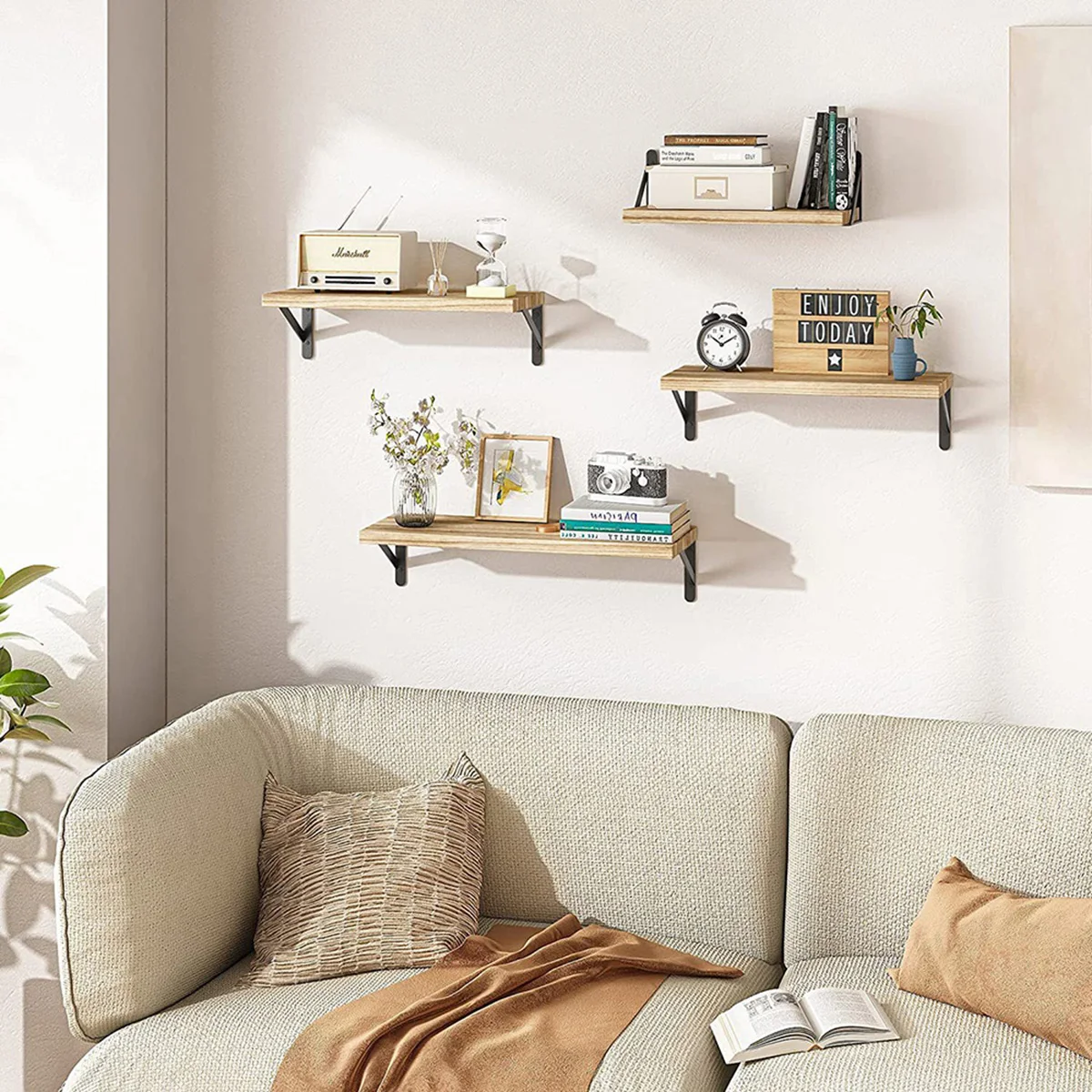 Wooden Wall-mounted Shelf 4-Tier Display Shelves Small Item Display Rack Save Space Storage Rack For Living Room Bathroom