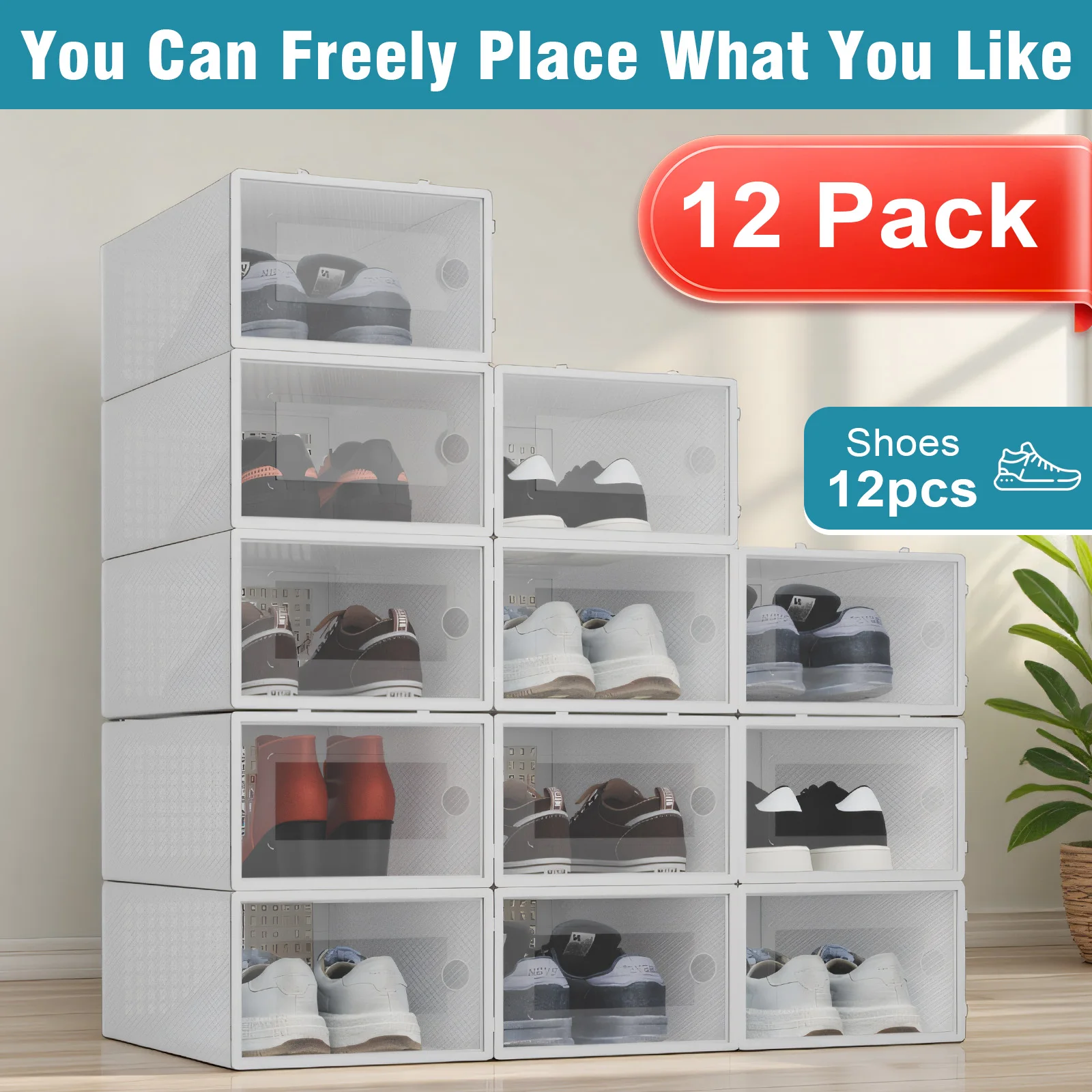 12-Pack Shoe Storage Boxes Stackable Foldable Space Saving Organizer Transparent With Lid Multi-Layer Shoe Rack Entryway Closet