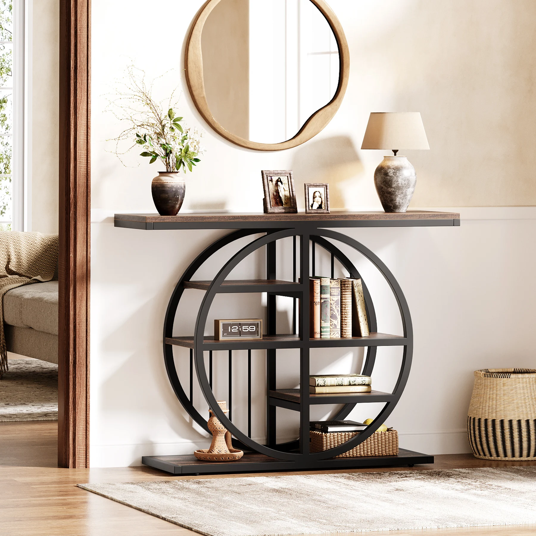 Tribesigns 39" Entryway Console Table with Circle Base and Storage Shelves for Living Room, Hallway, Foyer