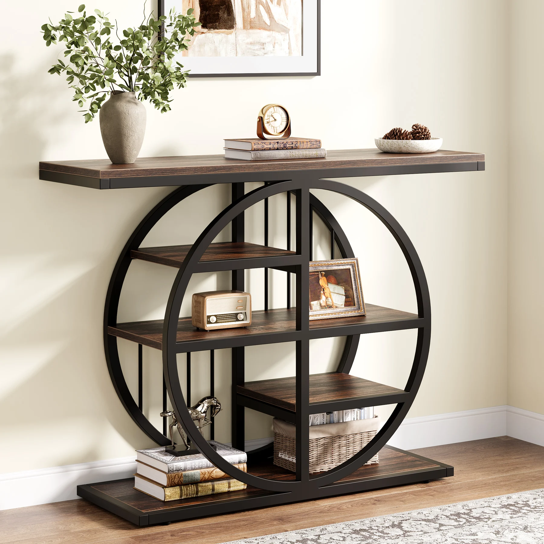 Tribesigns 39" Entryway Console Table with Circle Base and Storage Shelves for Living Room, Hallway, Foyer