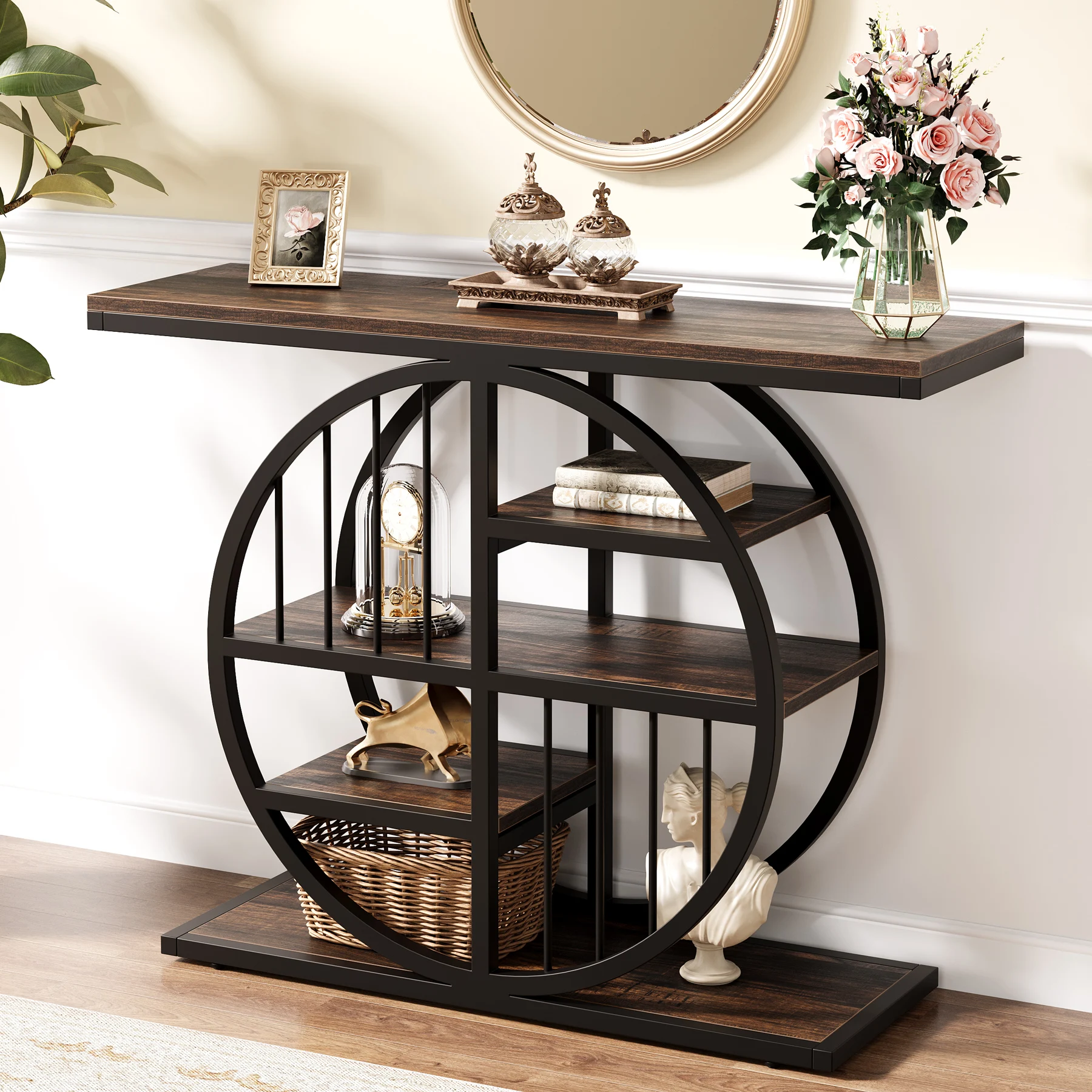 Tribesigns 39" Entryway Console Table with Circle Base and Storage Shelves for Living Room, Hallway, Foyer