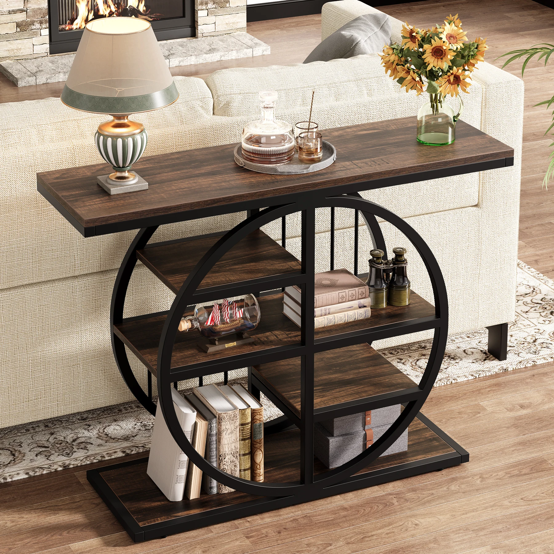 Tribesigns 39" Entryway Console Table with Circle Base and Storage Shelves for Living Room, Hallway, Foyer