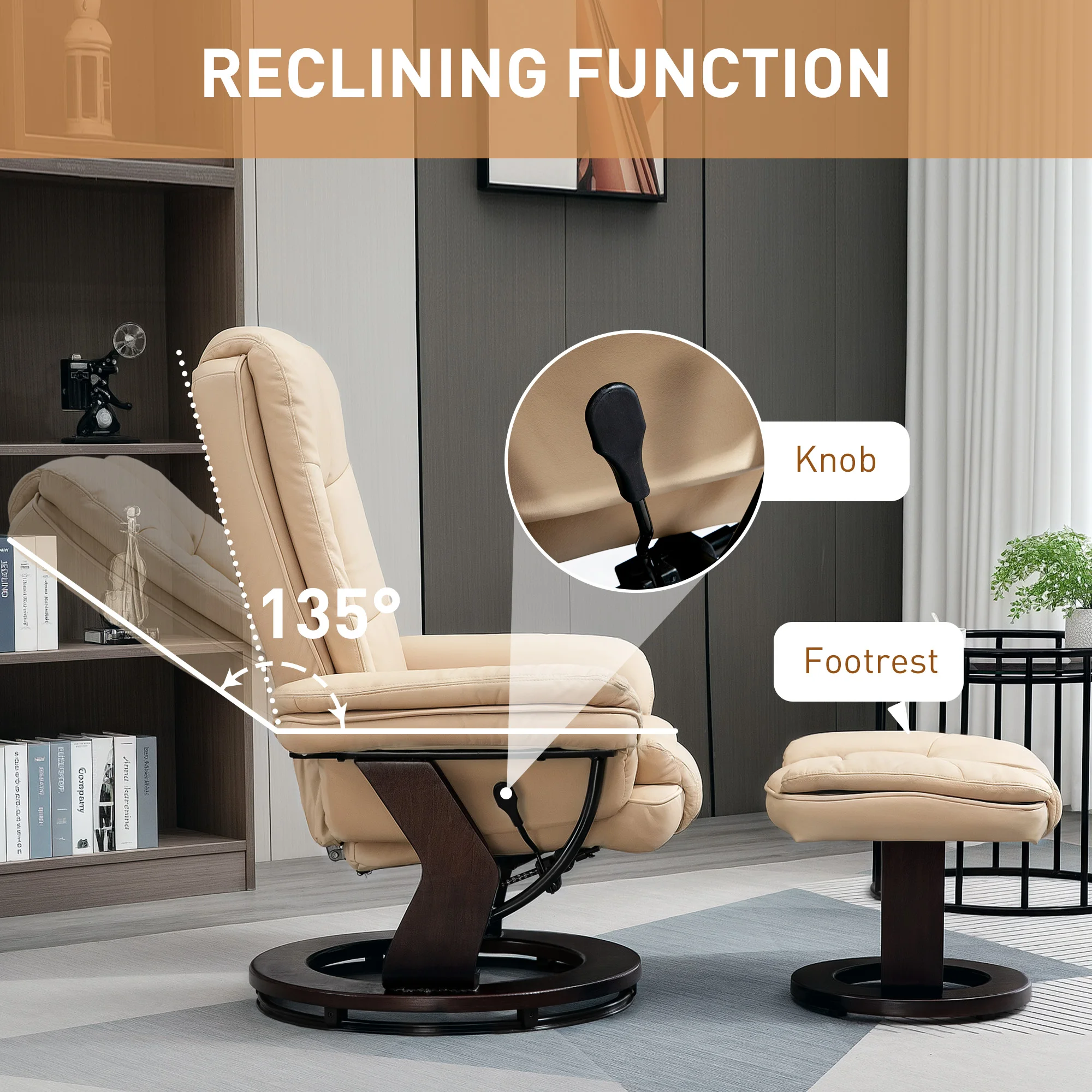 HOMCOM Swivel Manual Recliner and Footrest Set PU Leather Lounge Chair