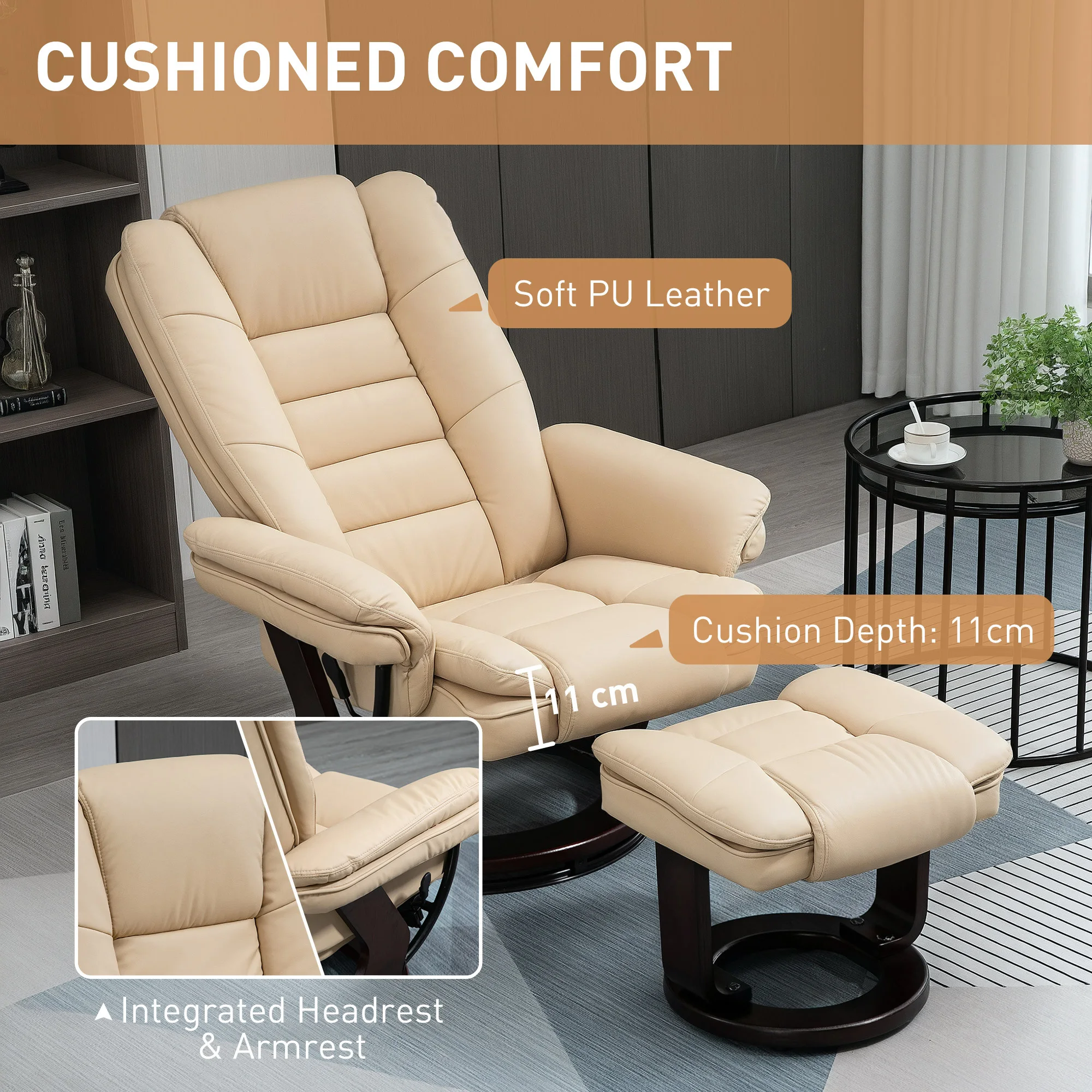 HOMCOM Swivel Manual Recliner and Footrest Set PU Leather Lounge Chair