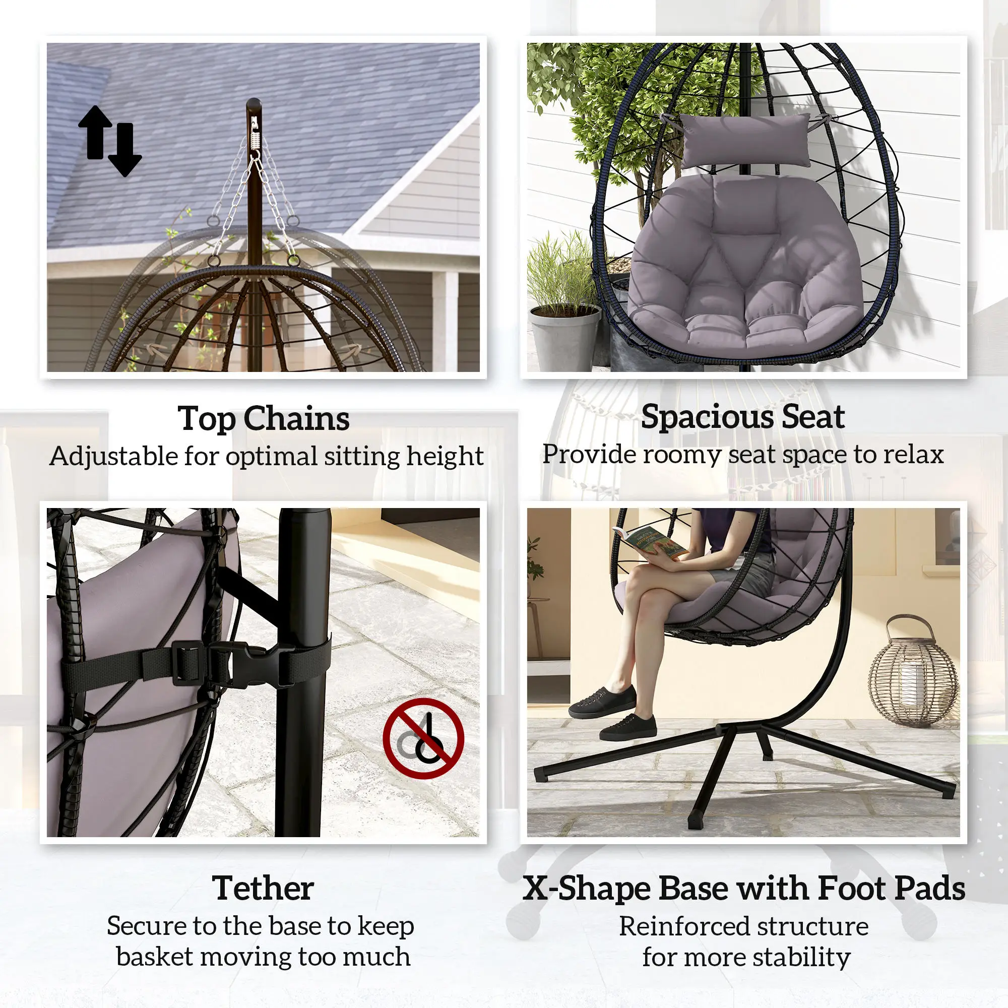 Outsunny Garden Egg Chair Outdoor Hanging Swing Chair, Folding Basket, Grey