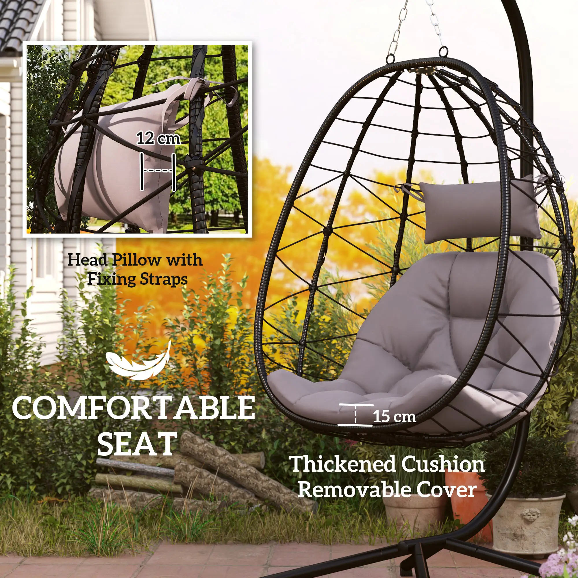 Outsunny Garden Egg Chair Outdoor Hanging Swing Chair, Folding Basket, Grey
