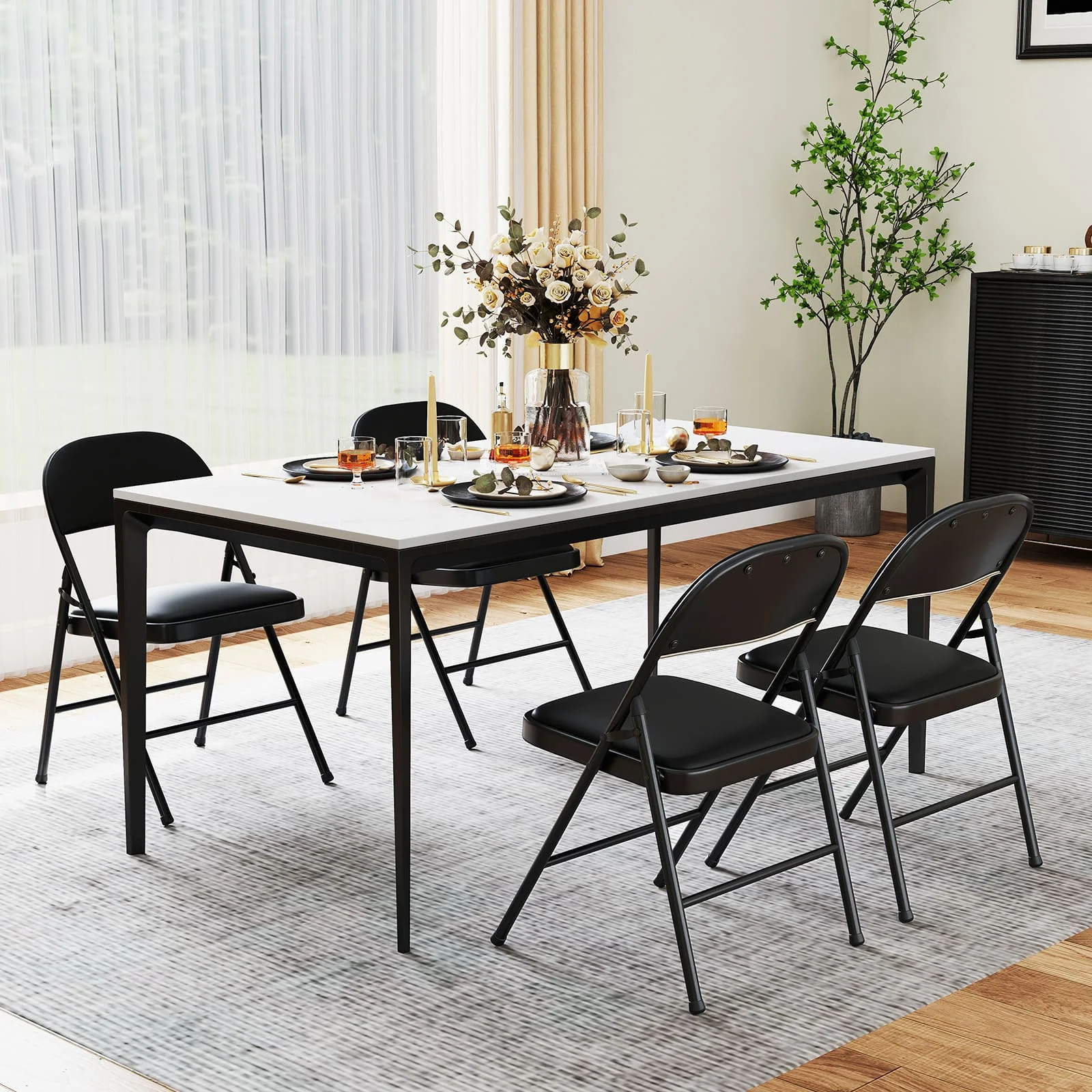 GOFLAME 2 Pack Folding Chairs Padded Party Chairs with Metal Frame-Black
