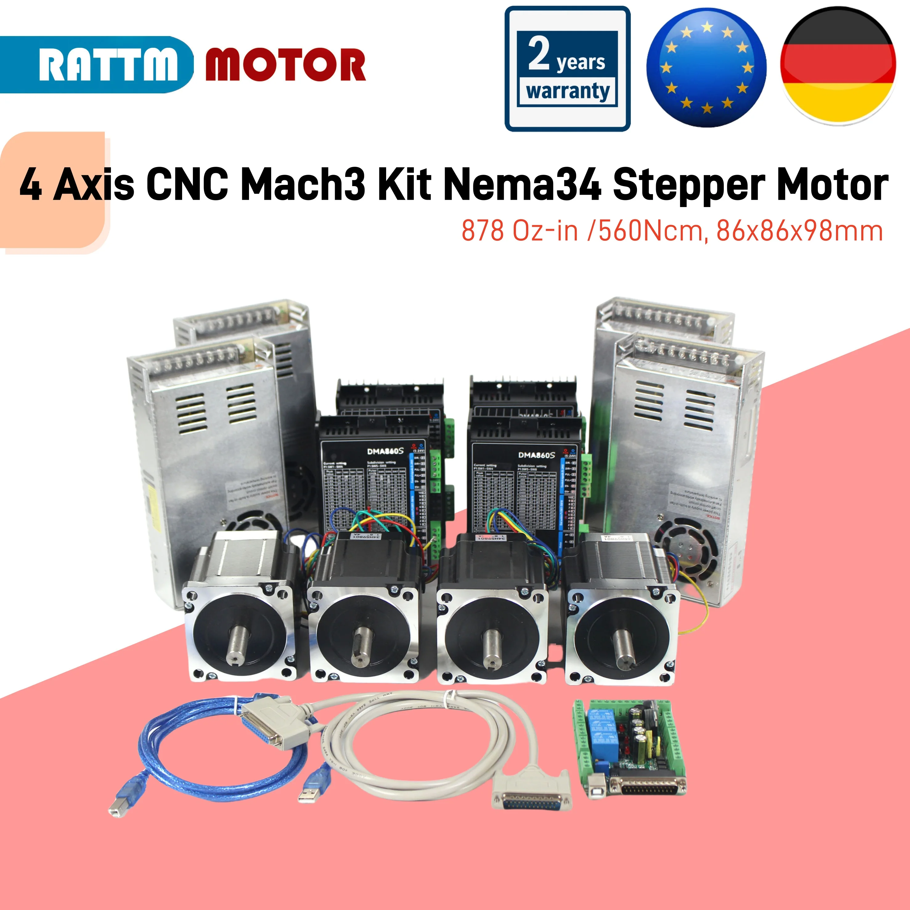 【EU Stock】4 Axis CNC Mach3 Controller Nema34 Stepper Motor 98mm + DM860S Driver + A145 breakout board + Switching Power Supply