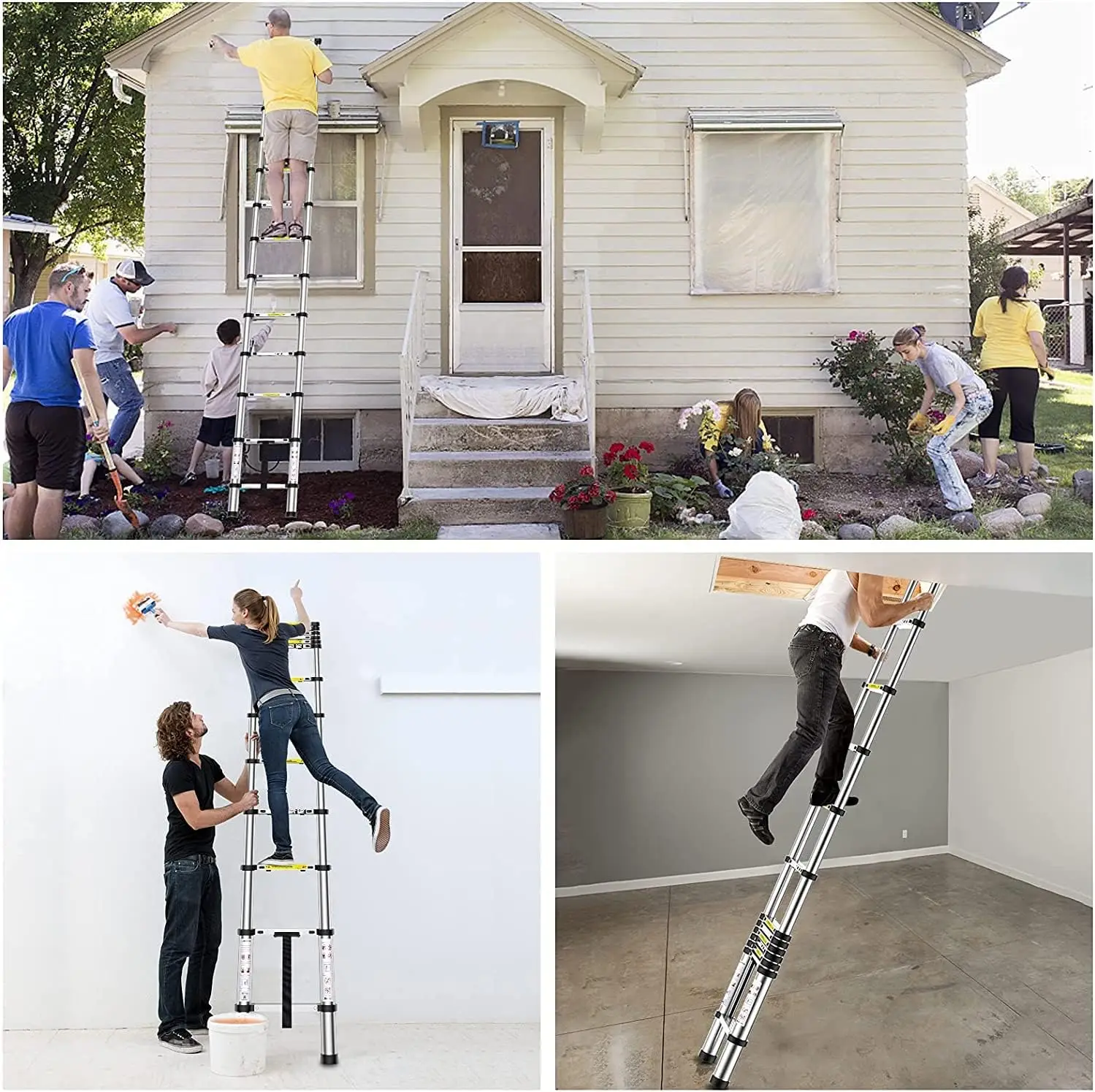 EFAN Extension Ladders 12.5FT/3.8M Stainless Steel Telescopic Folding Portable Extendable Ladder for Home, EN131,150KG Max Load