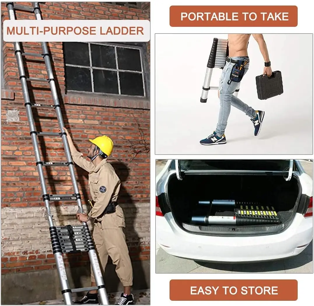 EFAN Extension Ladders 12.5FT/3.8M Stainless Steel Telescopic Folding Portable Extendable Ladder for Home, EN131,150KG Max Load
