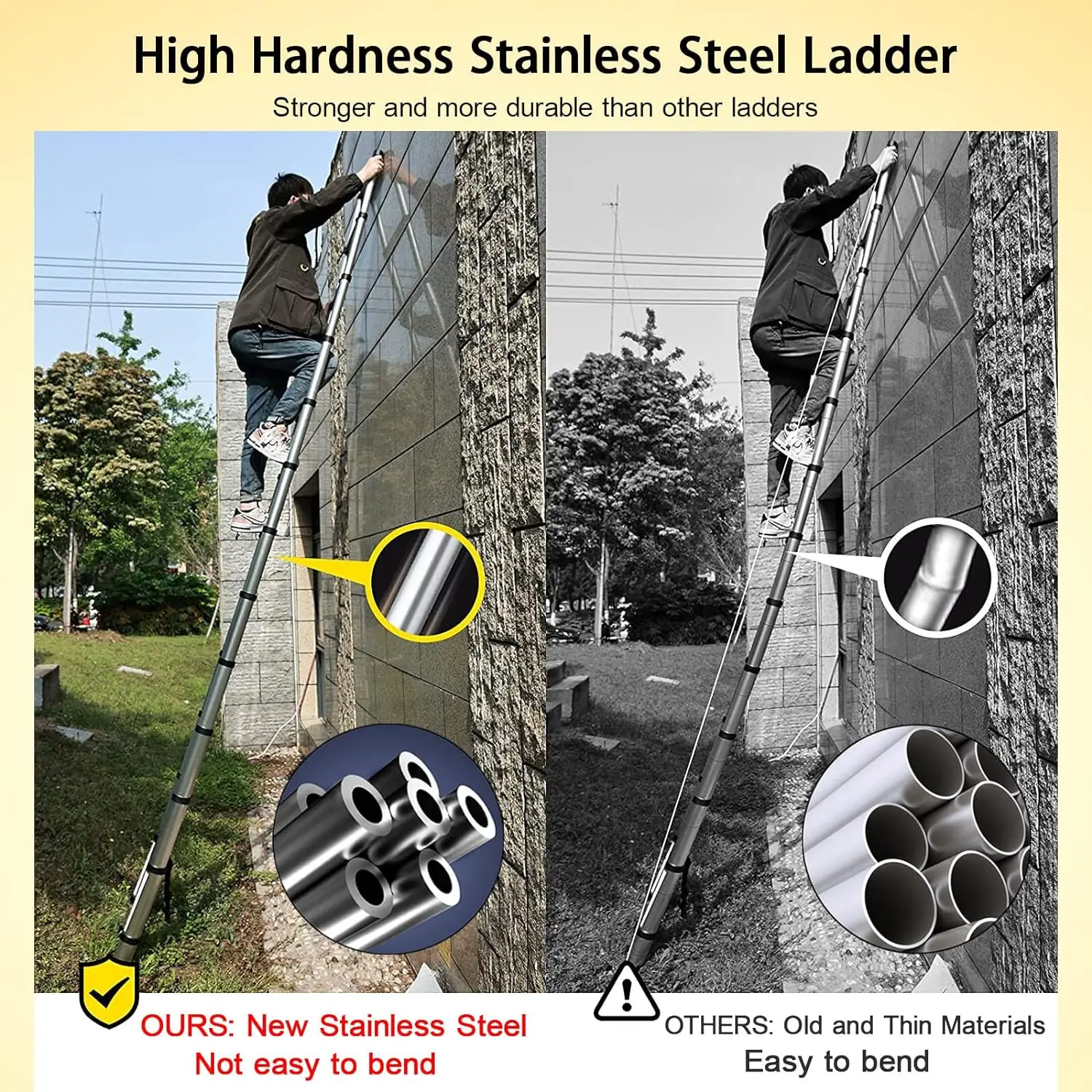 EFAN Extension Ladders 12.5FT/3.8M Stainless Steel Telescopic Folding Portable Extendable Ladder for Home, EN131,150KG Max Load