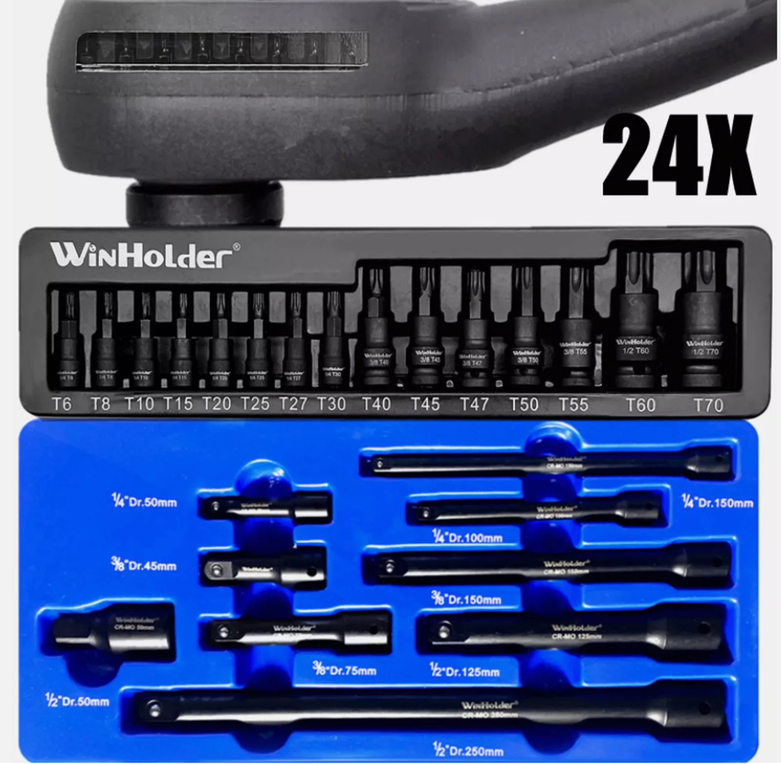 24PEICES of Impact Torx Bit Socket Set 1/4,3/8,1/2" Drive T6-T70 & Long Reach Extension Bars Auto Repairing