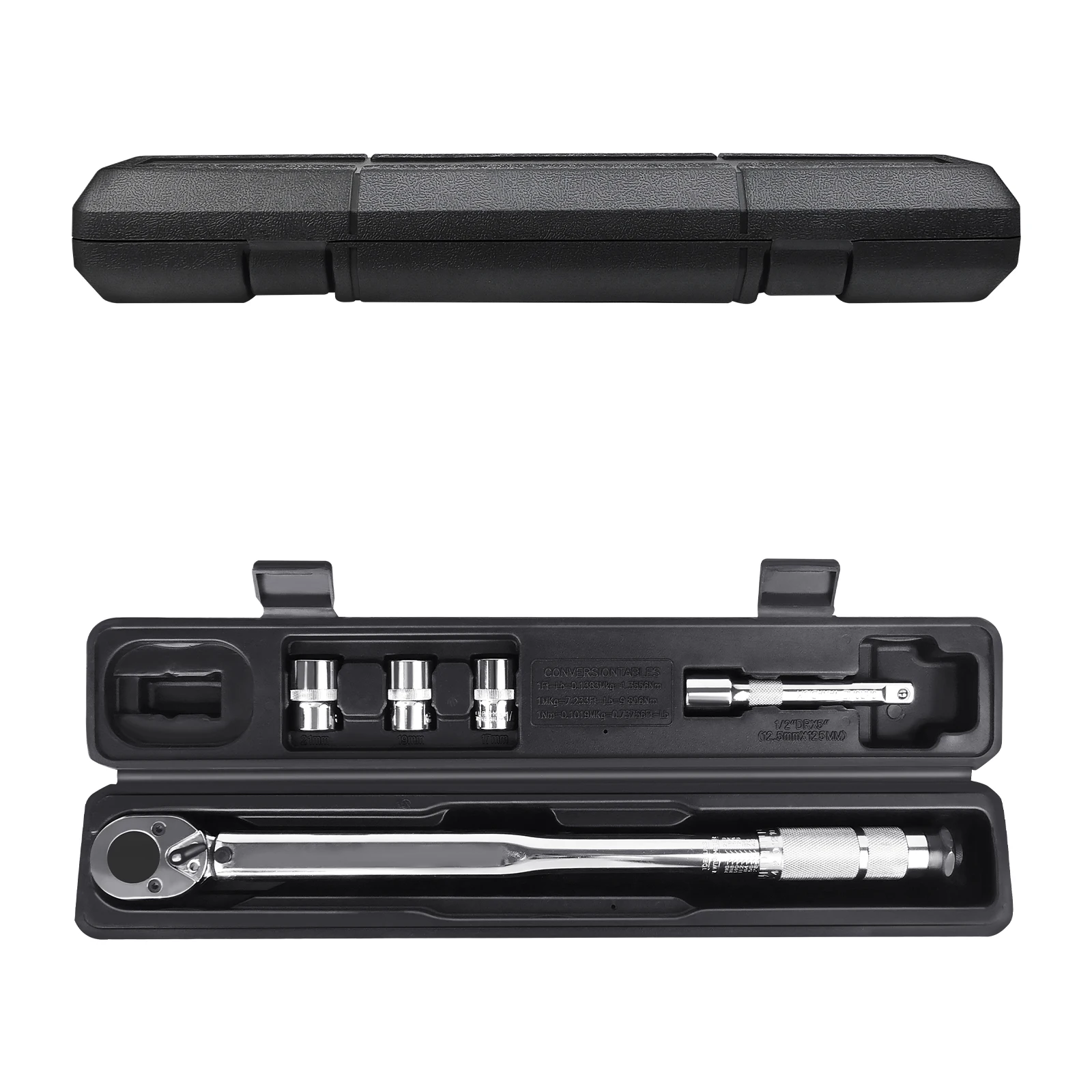 Ratchet Torque Wrench 28-210Nm, 1/2" Drive, Torque Wrench Set Extension Bar & Wheel Bolt Sockets 17mm-19mm-21mm, Storage Box