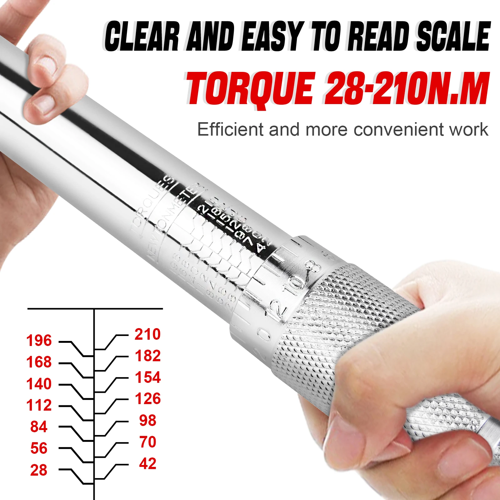Ratchet Torque Wrench 28-210Nm, 1/2" Drive, Torque Wrench Set Extension Bar & Wheel Bolt Sockets 17mm-19mm-21mm, Storage Box