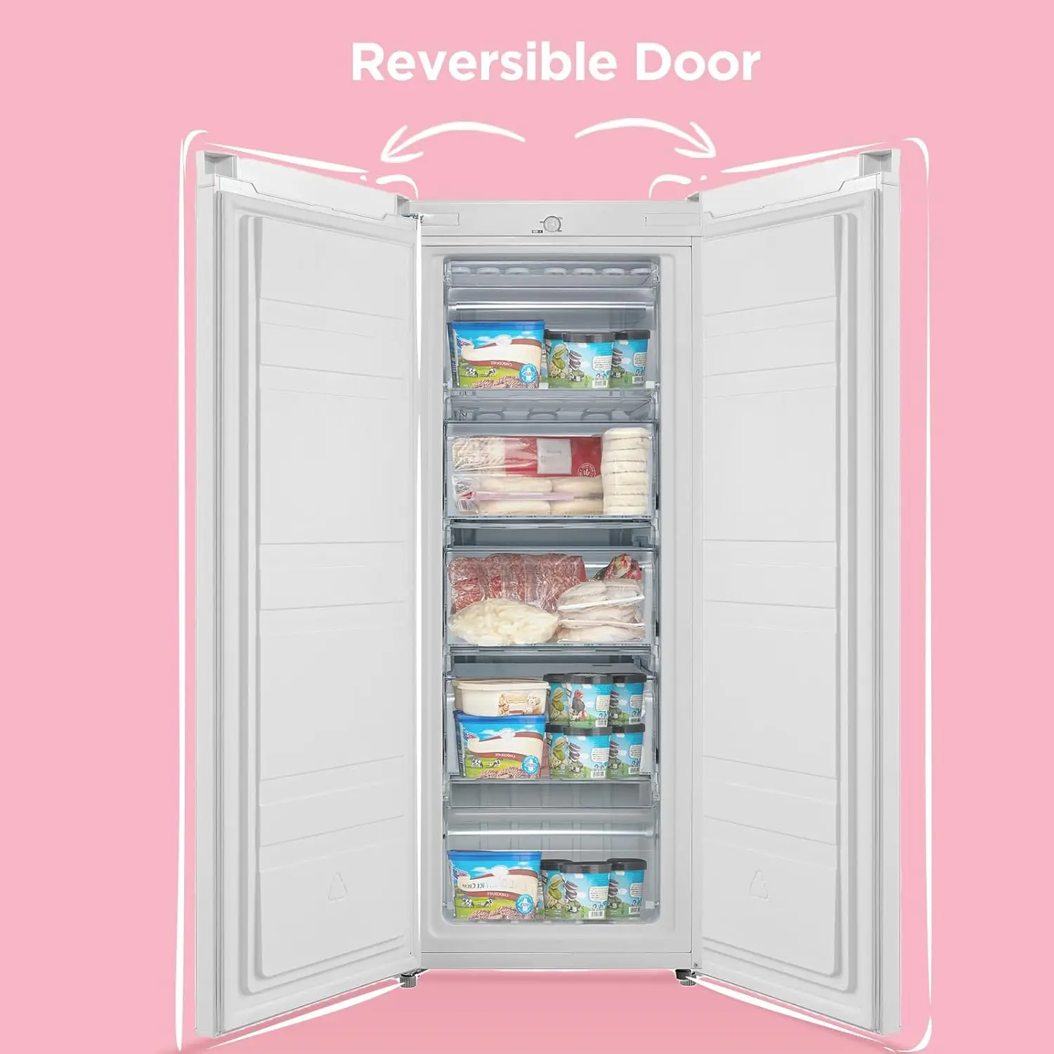 160 Litre Freestanding Tall Upright Freezer, 5 Large Compartments, Adjustable Thermostat, Reversible Door