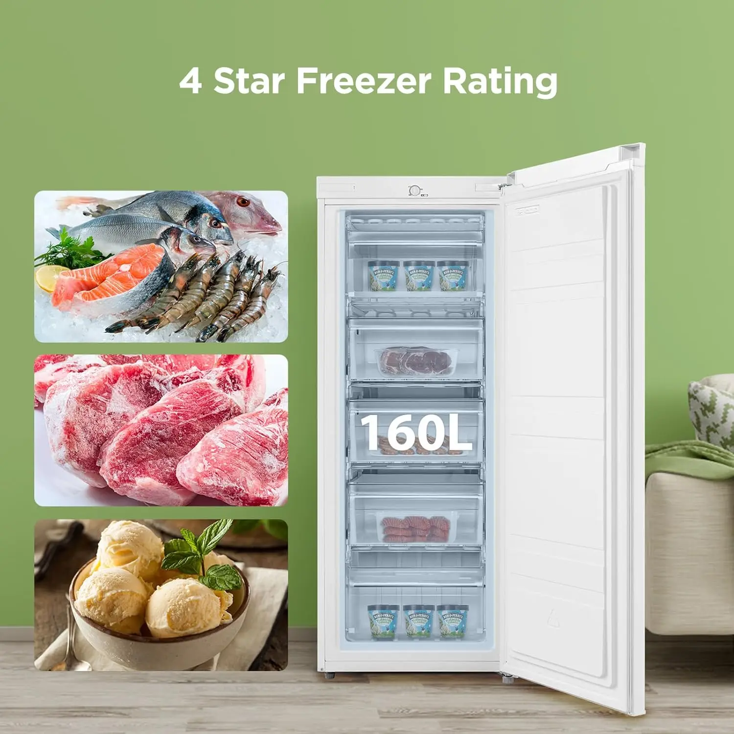 160 Litre Freestanding Tall Upright Freezer, 5 Large Compartments, Adjustable Thermostat, Reversible Door