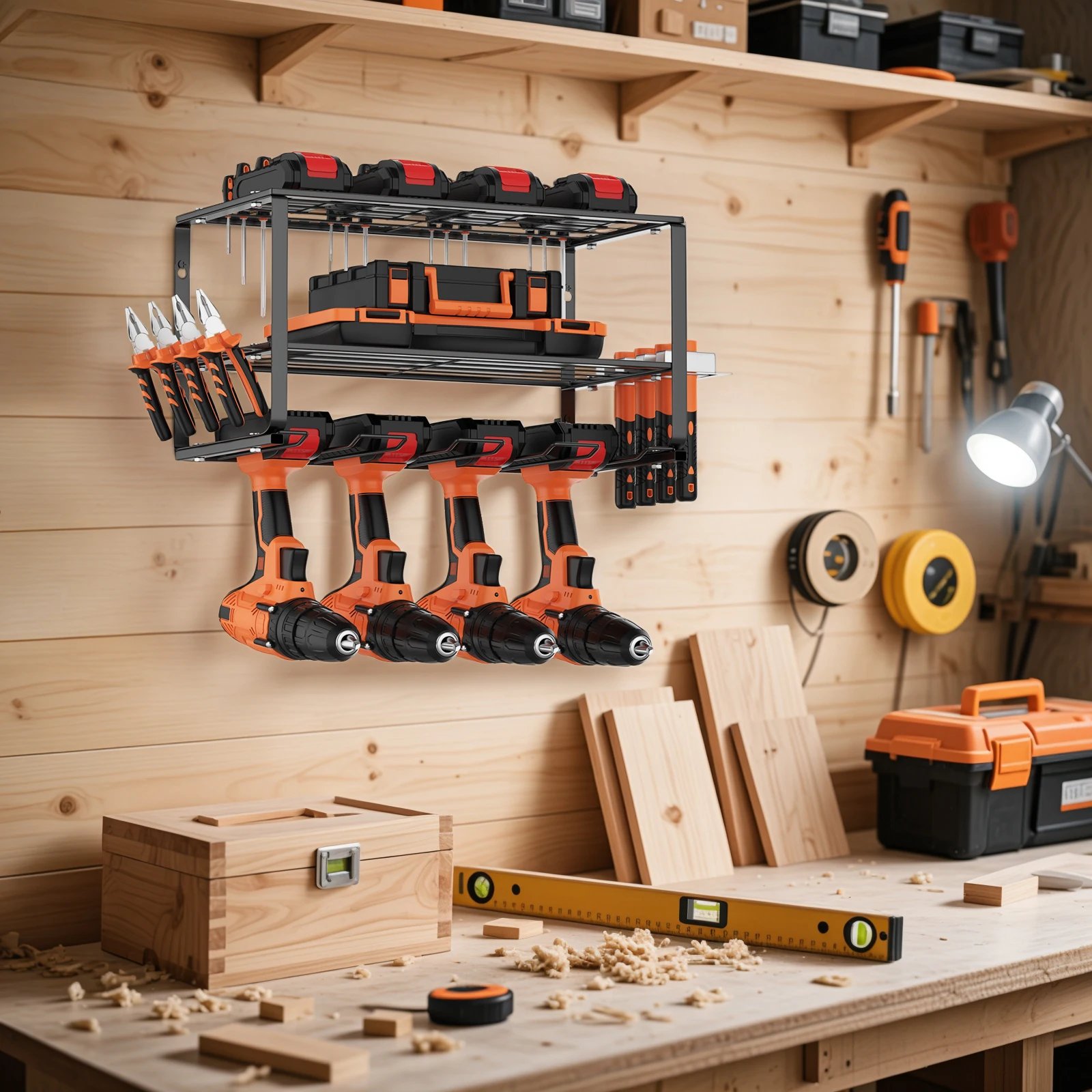 Cordless Drill Storage, Power Tool Storage, Floating Tool Rack, Wall Mounted Tool Organiser, Holds 4 Drill Racks, 1 Pack of 3 Tier