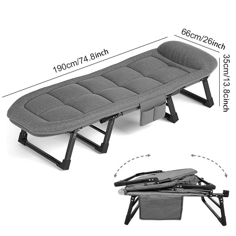 Portable Folding Bed Rollaway Bed Office Nap Camp Bed Multi-functional Recliner Single Bed with Pillow 190*66*35cm
