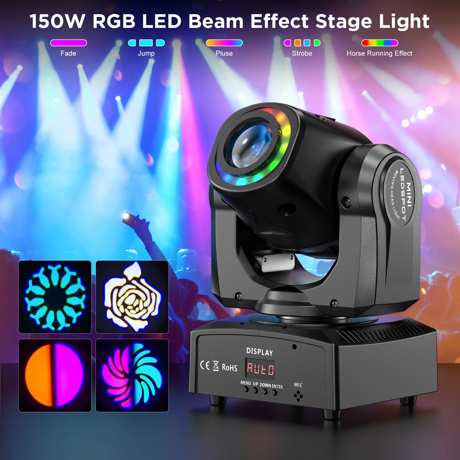 LeLeght 150W LED Beam Pattern Moving Head Stage Effect Lighting 8 Patterns DMX512 Master-Slave for DJ Show Concert Party KTV
