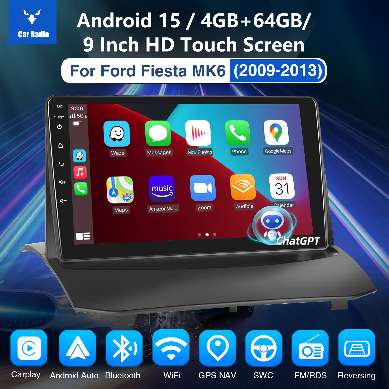 ESSGOO 9" Android 15 Car Stereo Radio For Ford Fiesta MK6 2008-13 Carplay Android Auto GPS Navi AI Voice ChatGPT BT FM RDS WIFI