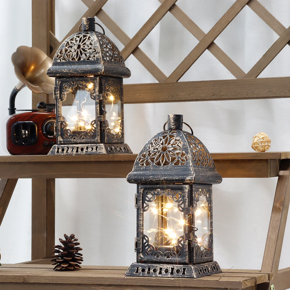 Vintage Metal Candle Holder Battery Operated Lantern Retro Hanging Lantern Table Lamp Light with LED Fairy Lights for Home Decor