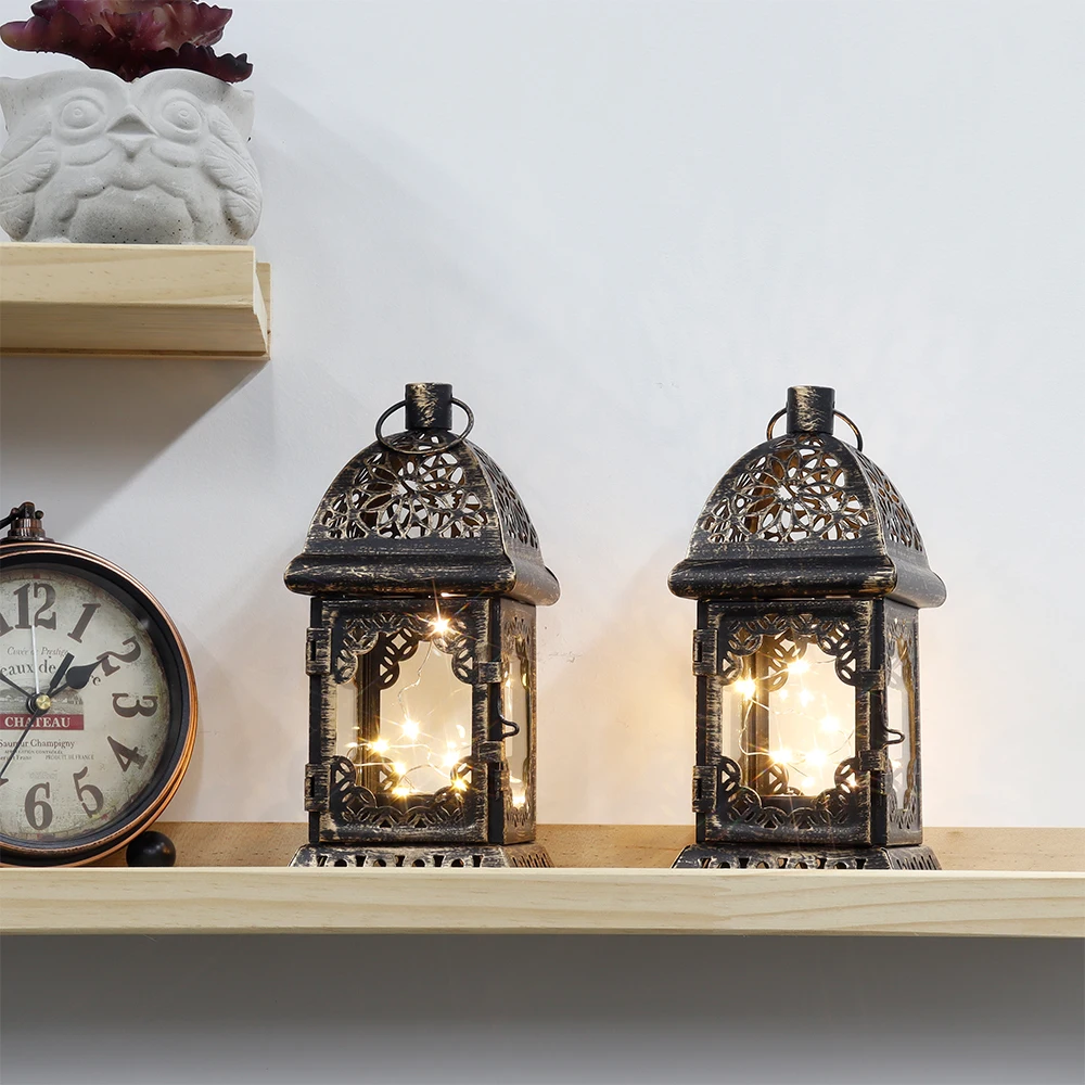 Vintage Metal Candle Holder Battery Operated Lantern Retro Hanging Lantern Table Lamp Light with LED Fairy Lights for Home Decor