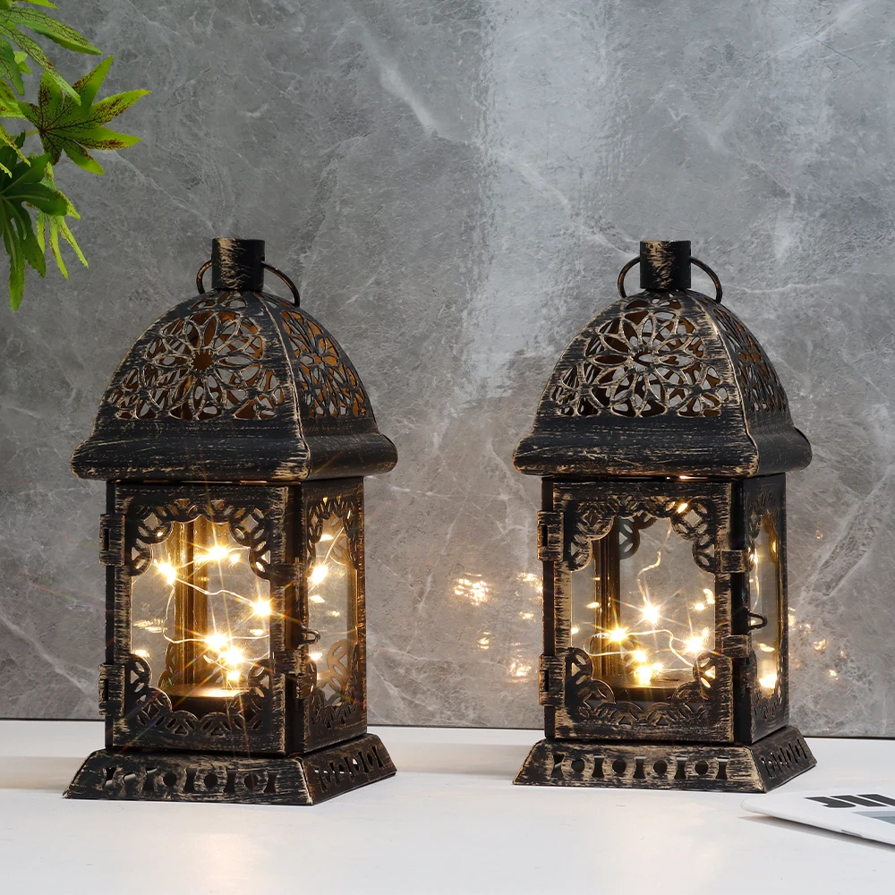 Vintage Metal Candle Holder Battery Operated Lantern Retro Hanging Lantern Table Lamp Light with LED Fairy Lights for Home Decor