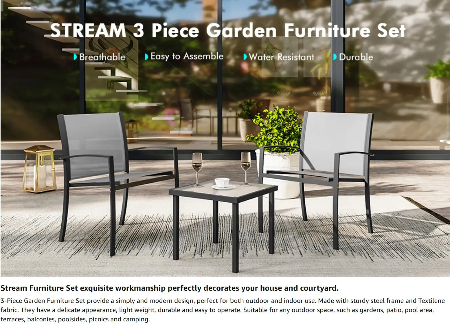 Garden Furniture Set 2 Seater, Indoor Outdoor 3 Piece set Patio Furniture Set, Garden Table and Chair 4 seater
