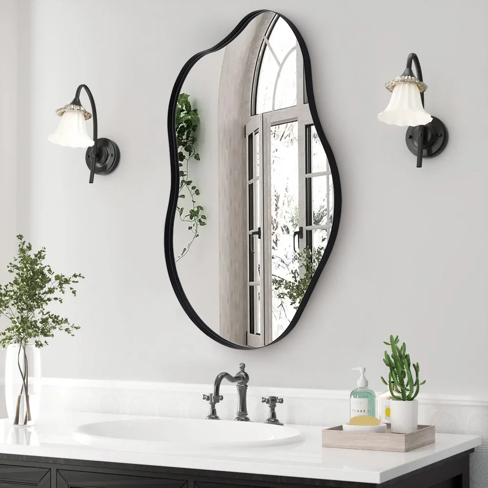 【Lifeideas】Irregular Wall Mirror Asymmetrical Wall Mirror Black Frame Wall Mirror for Living Room Bathroom Entrance Bed