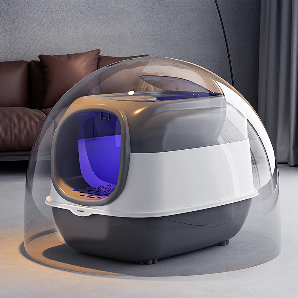 Tieker large capacity detachable cat litter box with UV disinfection lamp fully enclosed pet cat toilet with feeding bowl