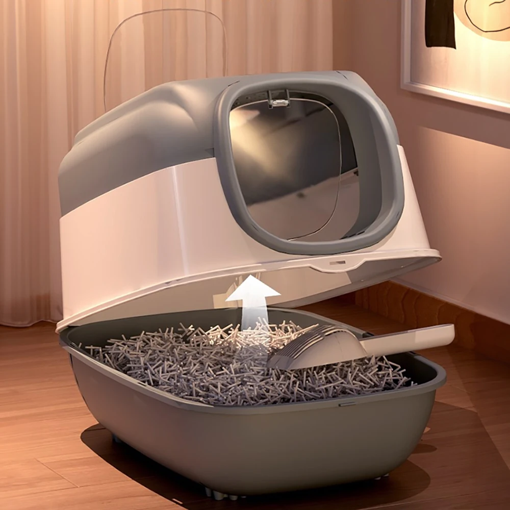 Tieker large capacity detachable cat litter box with UV disinfection lamp fully enclosed pet cat toilet with feeding bowl