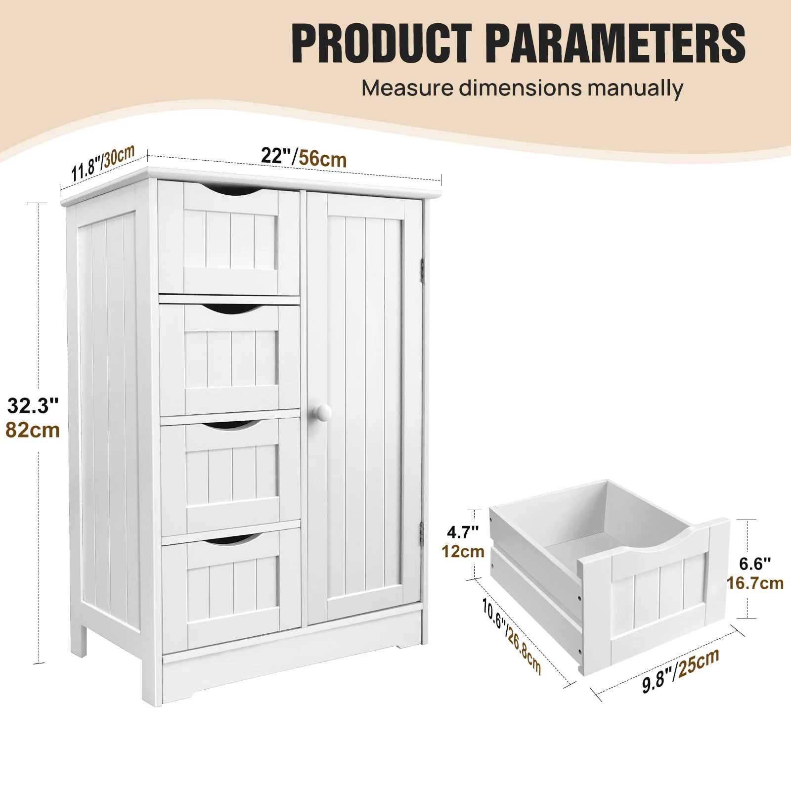Cabinet Cupboard Free Standing Wooden Cabinet Storage Unit with 4 Drawers & 1 Door 3-Height Adjustable Shelf Utility Cabinet