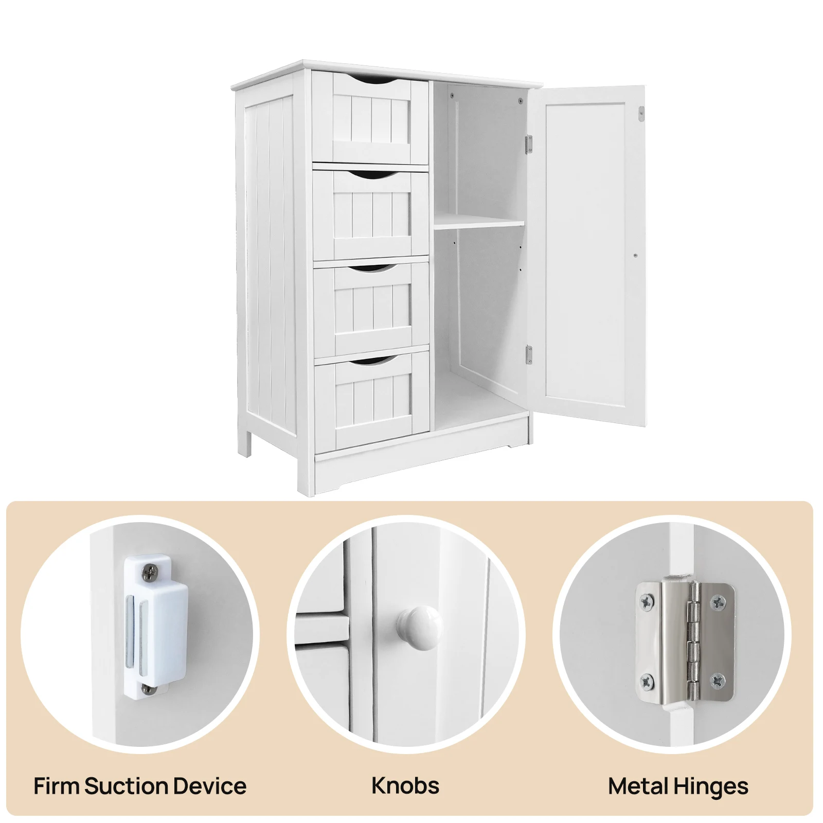 Cabinet Cupboard Free Standing Wooden Cabinet Storage Unit with 4 Drawers & 1 Door 3-Height Adjustable Shelf Utility Cabinet